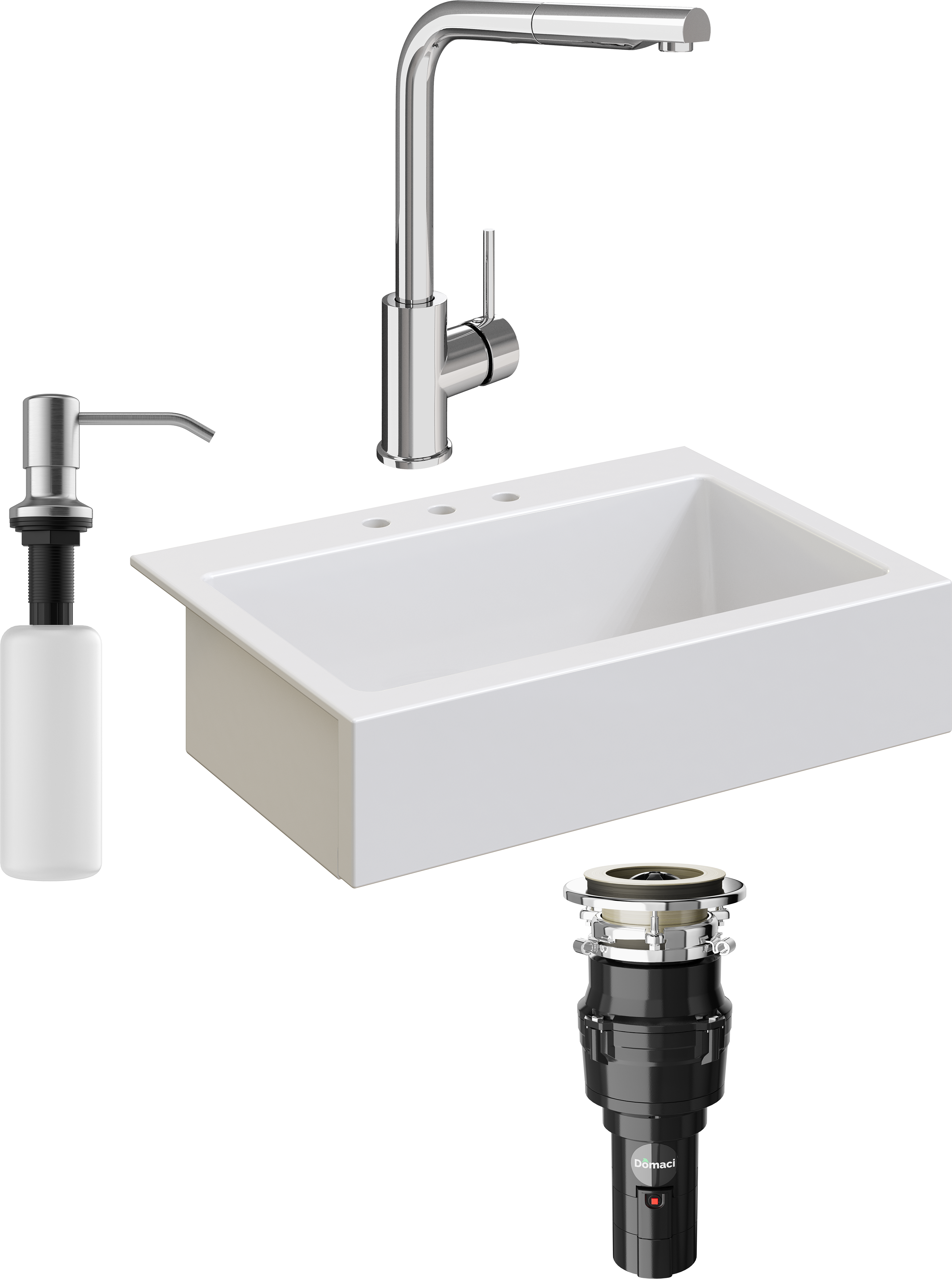 Комплект Мойка кухонная Domaci Сиена 50186-101 с 3 отверстиями, белый глянец + Измельчитель Равенна Vento 375 + Смеситель STWORKI HDN1309XH + Дозатор 401 сатин