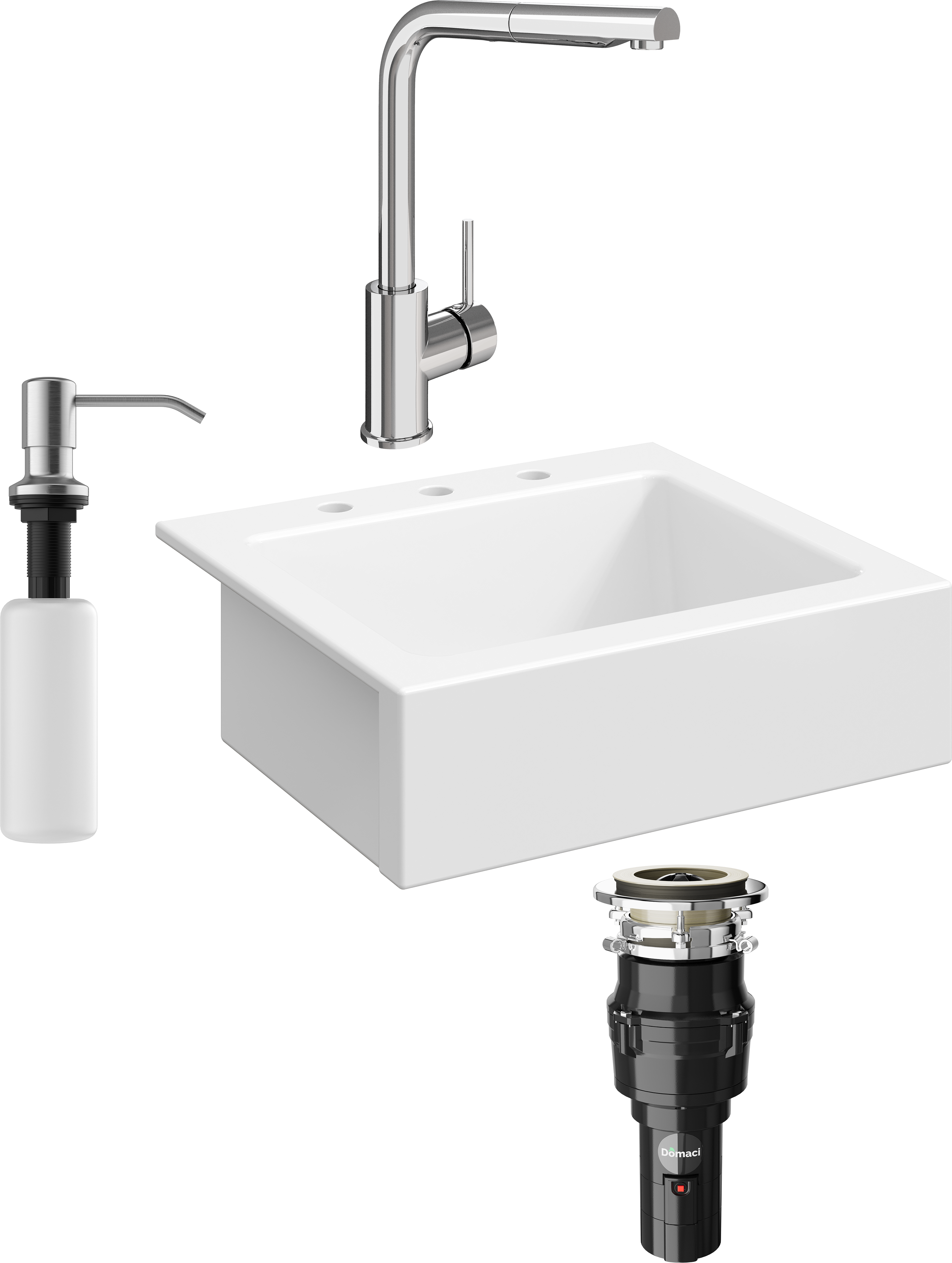 Комплект Мойка кухонная Domaci Сиена 50166-101 с 3 отверстиями, белый глянец + Измельчитель Равенна Vento 375 + Смеситель STWORKI HDN1309XH + Дозатор 401 сатин