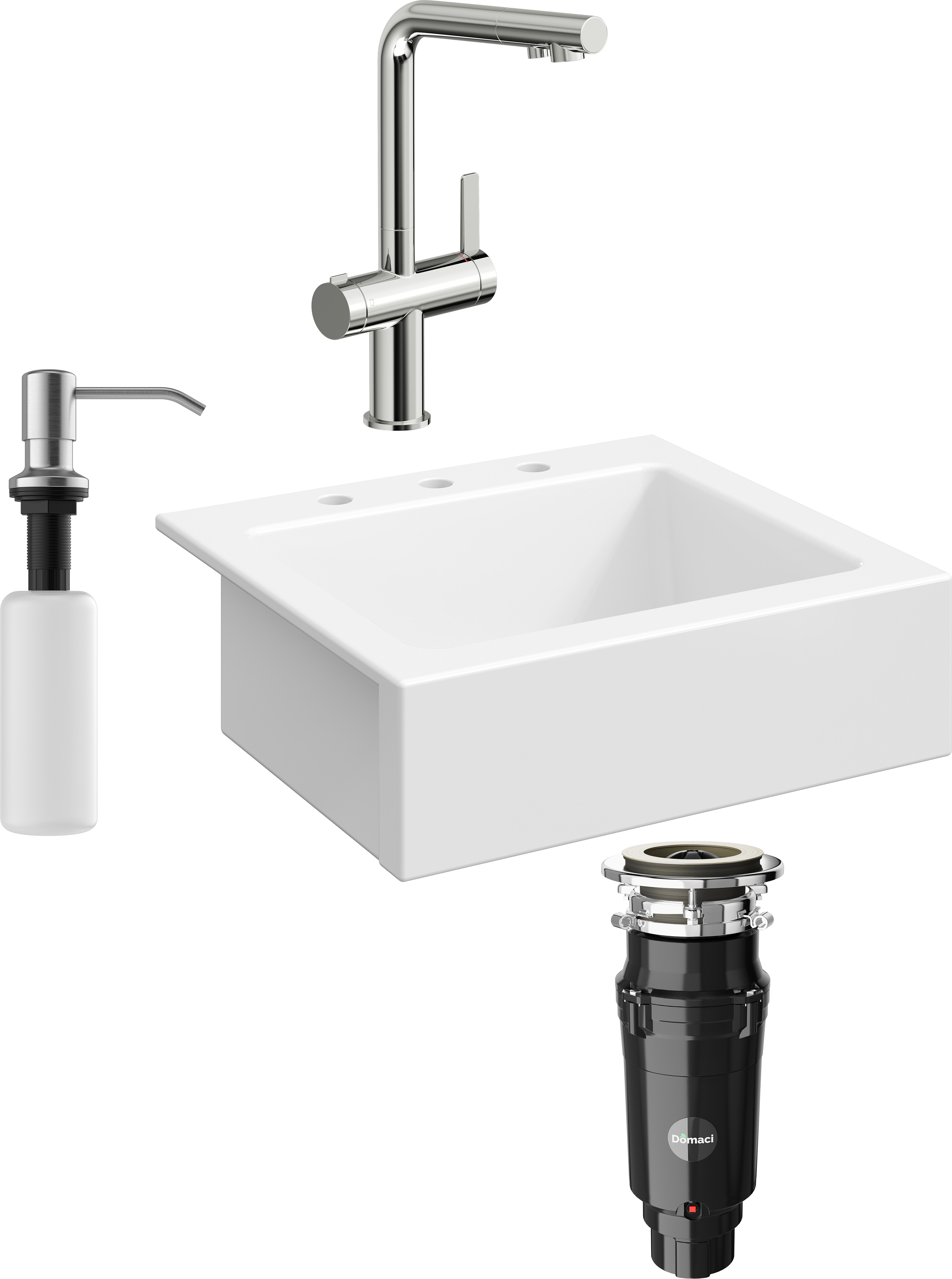 Комплект Мойка кухонная Domaci Сиена 50166-101 с 3 отверстиями, белый глянец + Измельчитель Равенна Vento Max 750 + Смеситель STWORKI 23020-648/1BG-IG11 + Дозатор 401 сатин