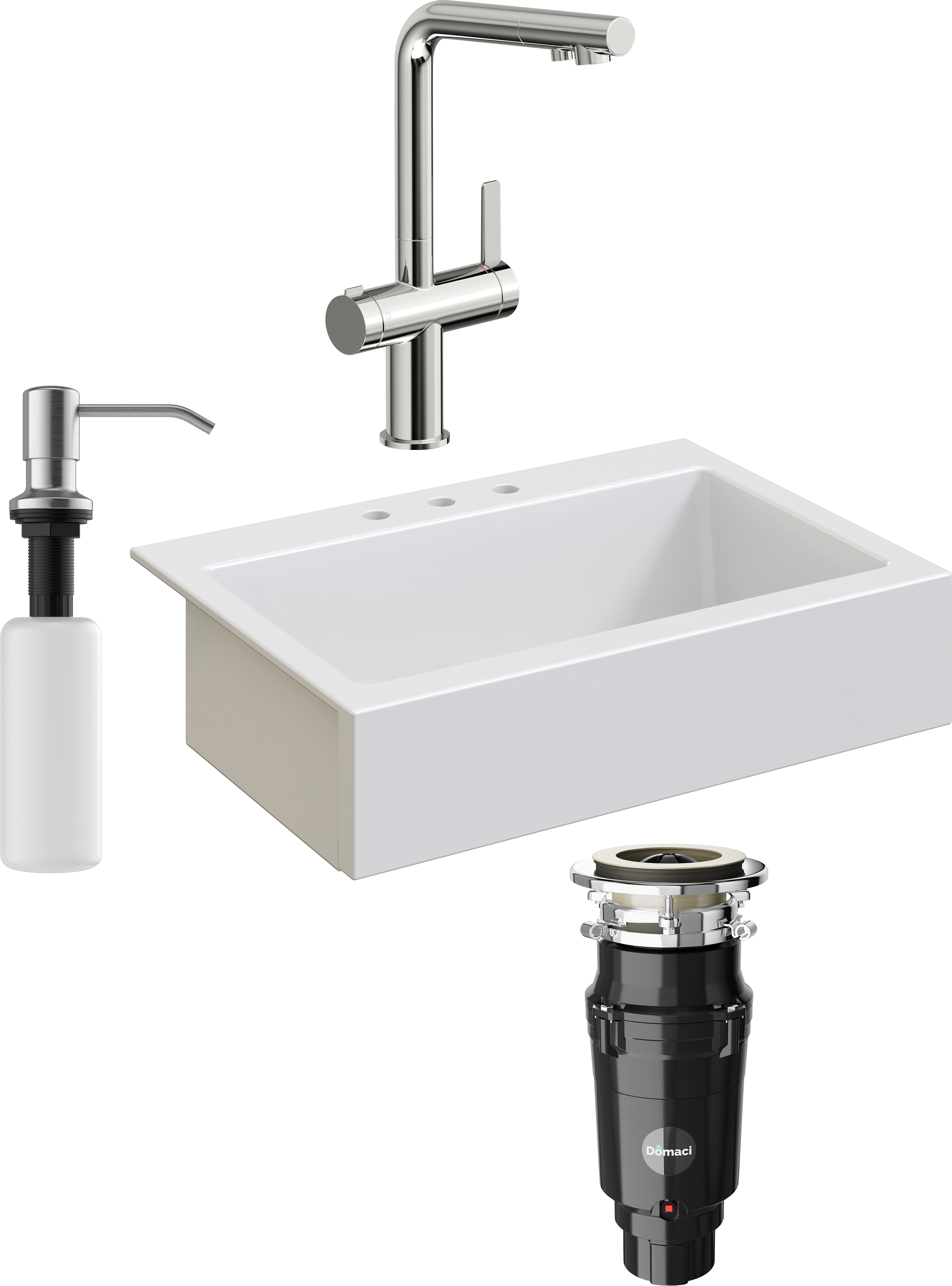 Комплект Мойка кухонная Domaci Сиена 50186-101 с 3 отверстиями, белый глянец + Измельчитель Равенна Vento Plus 560 + Смеситель STWORKI 23020-648/1BG-IG11 + Дозатор 401 сатин