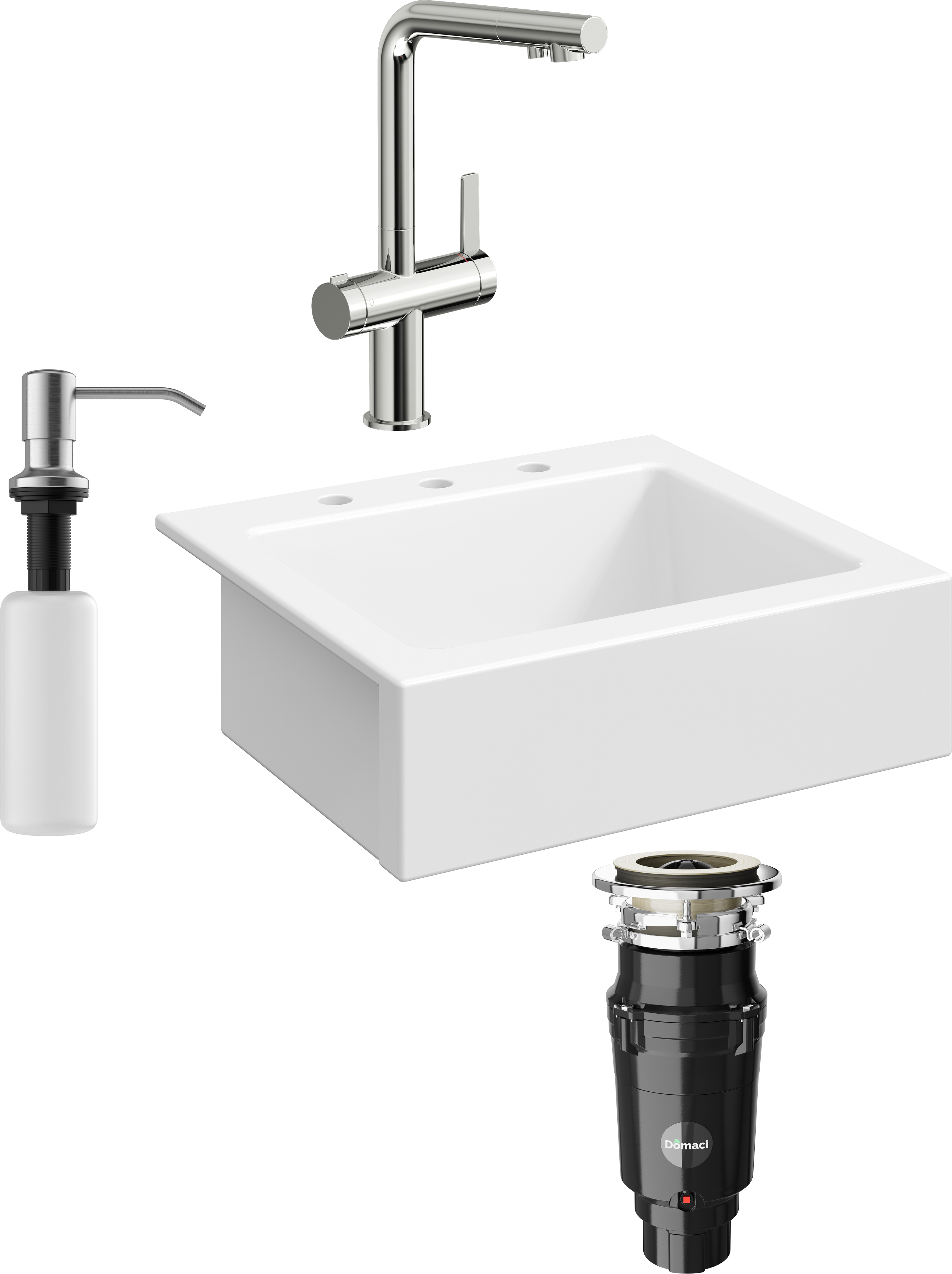 Комплект Мойка кухонная Domaci Сиена 50166-101 с 3 отверстиями, белый глянец + Измельчитель Равенна Vento Plus 560 + Смеситель STWORKI 23020-648/1BG-IG11 + Дозатор 401 сатин