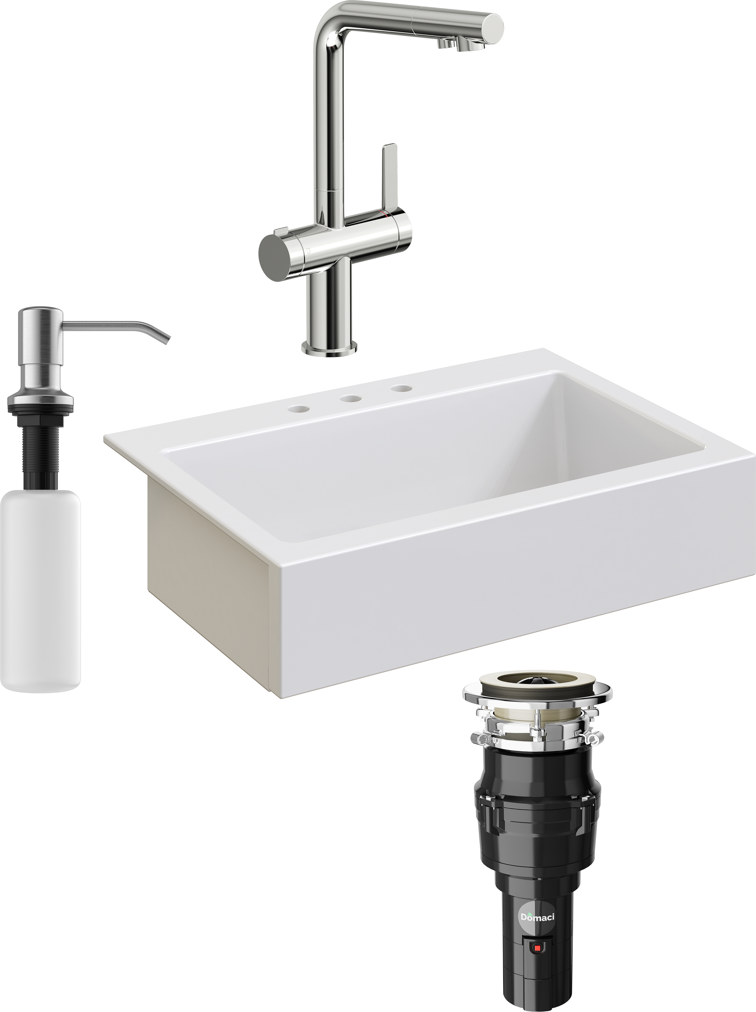 Комплект Мойка кухонная Domaci Сиена 50186-101 с 3 отверстиями, белый глянец + Измельчитель Равенна Vento 375 + Смеситель STWORKI 23020-648/1BG-IG11 + Дозатор 401 сатин