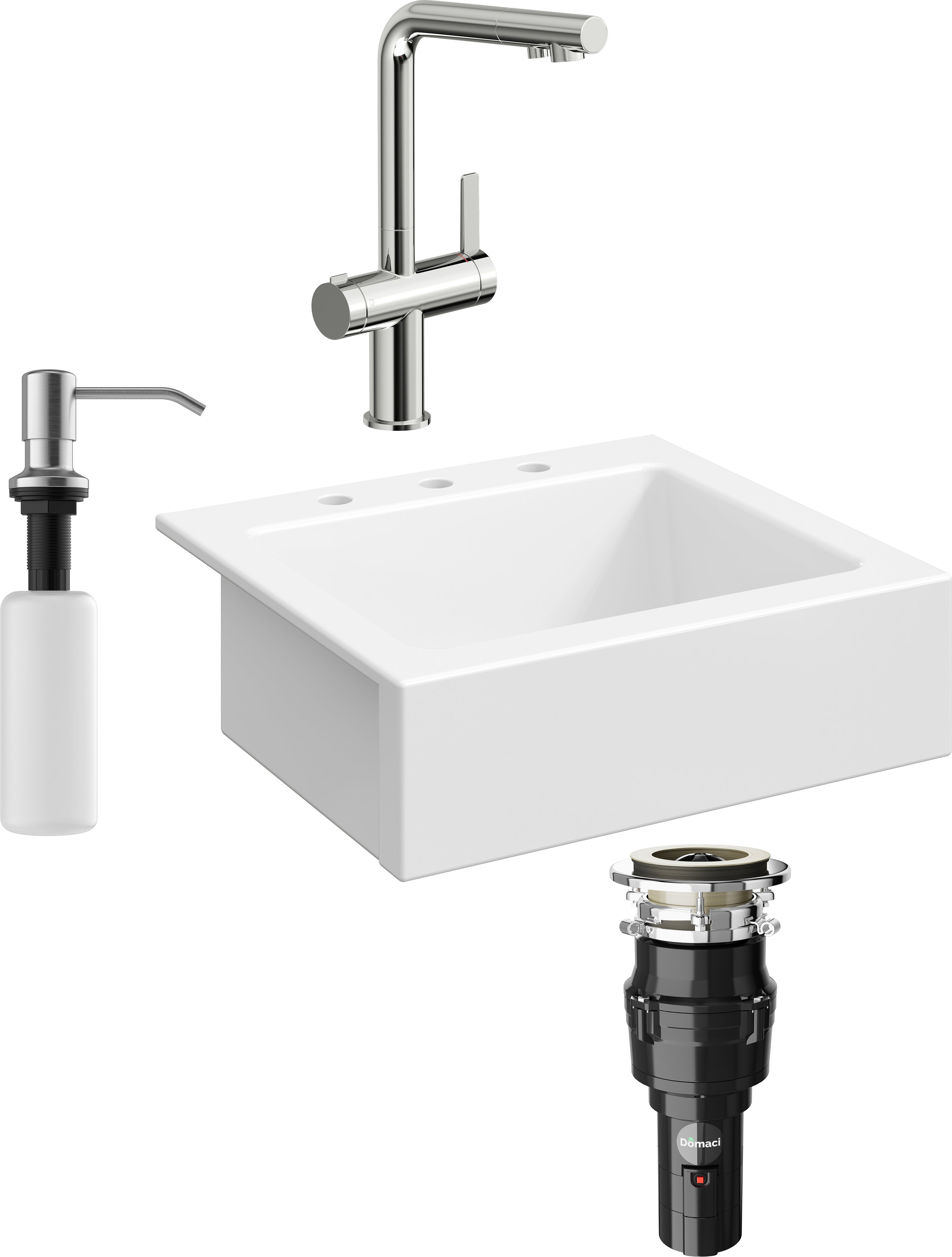 Комплект Мойка кухонная Domaci Сиена 50166-101 с 3 отверстиями, белый глянец + Измельчитель Равенна Vento 375 + Смеситель STWORKI 23020-648/1BG-IG11 + Дозатор 401 сатин