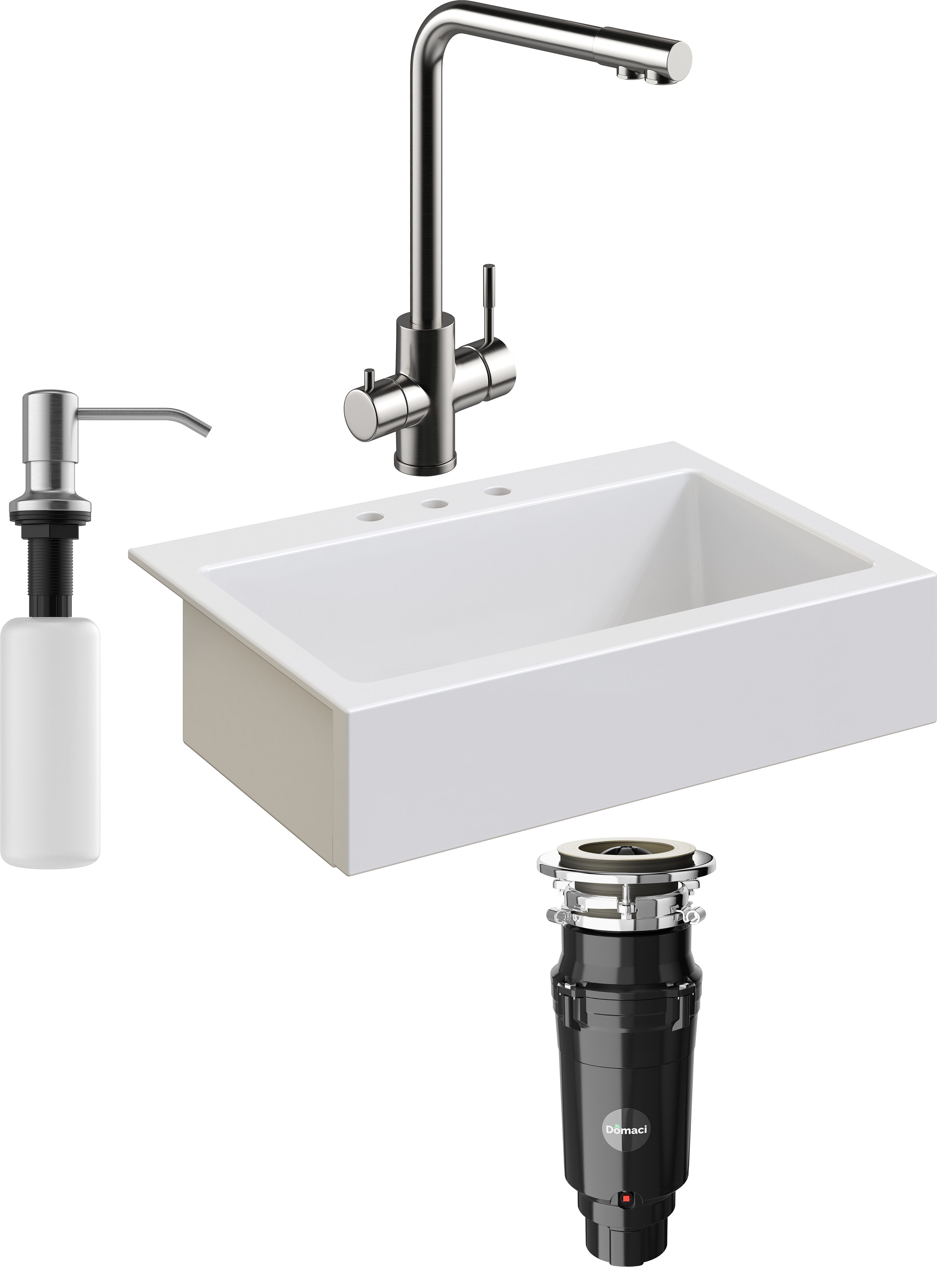Комплект Мойка кухонная Domaci Сиена 50186-101 с 3 отверстиями, белый глянец + Измельчитель Равенна Vento Max 750 + Смеситель Ливорно WFD04018 брашированная сталь + Дозатор 401 сатин