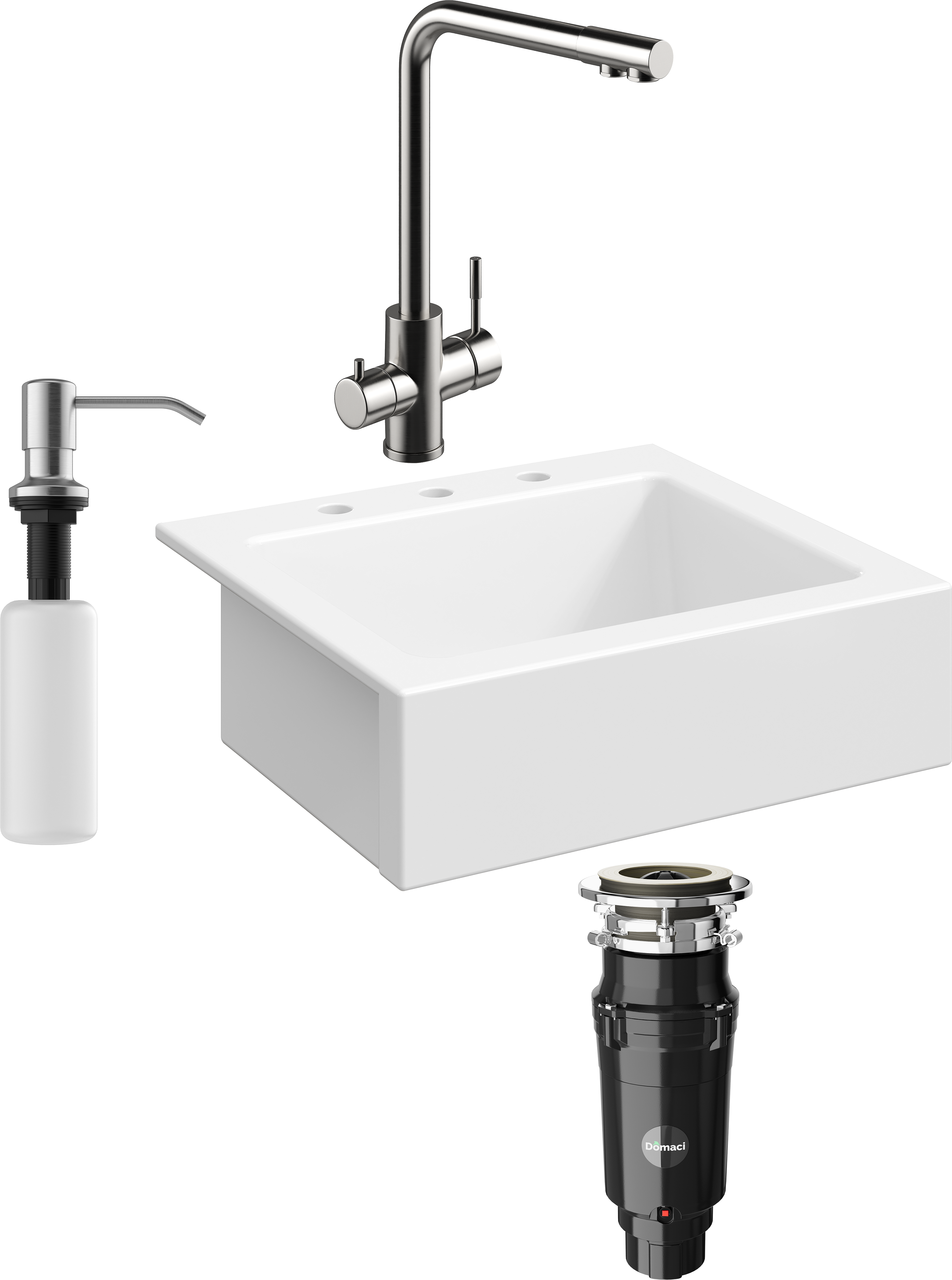 Комплект Мойка кухонная Domaci Сиена 50166-101 с 3 отверстиями, белый глянец + Измельчитель Равенна Vento Max 750 + Смеситель Ливорно WFD04018 брашированная сталь + Дозатор 401 сатин