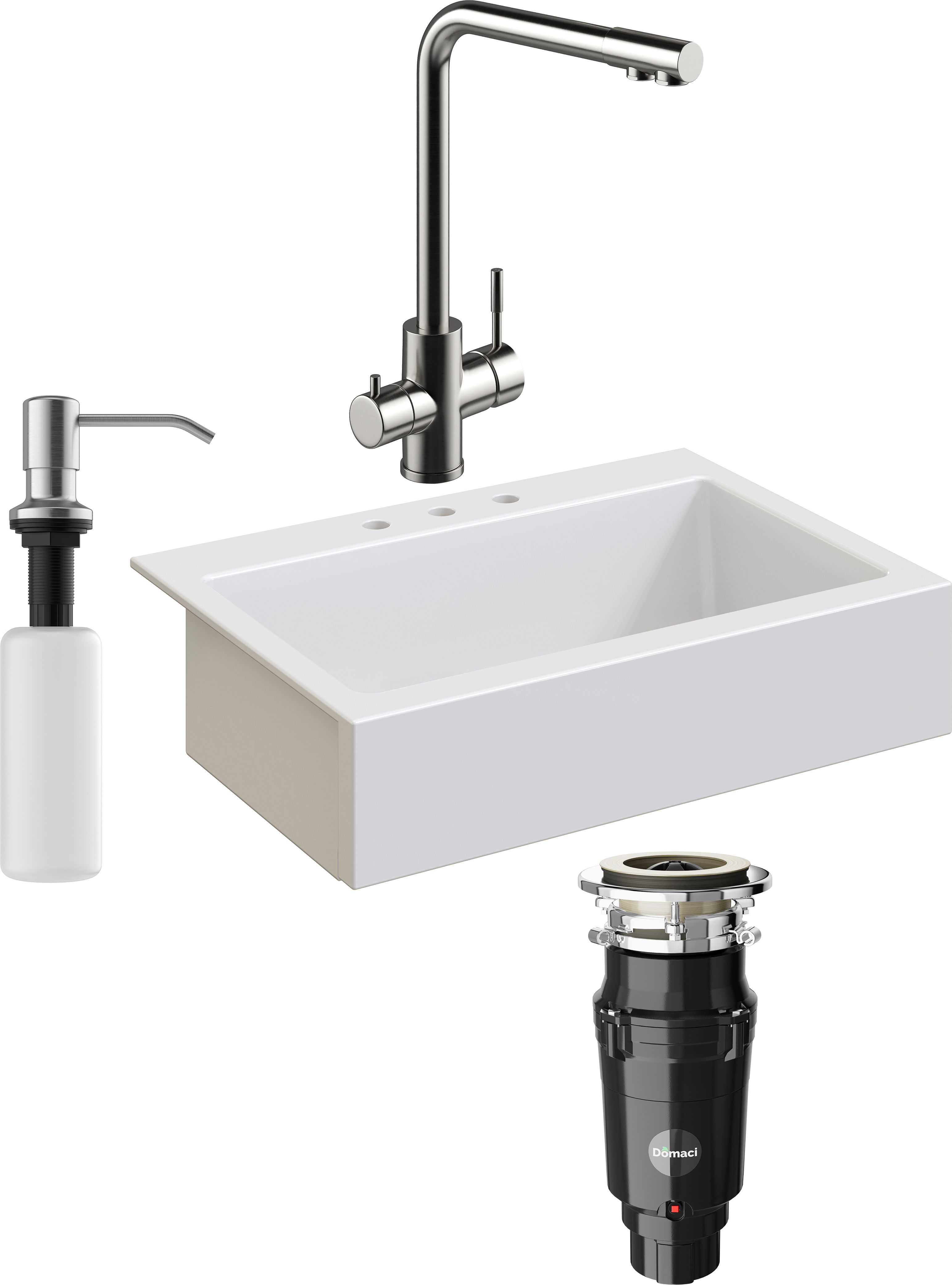 Комплект Мойка кухонная Domaci Сиена 50186-101 с 3 отверстиями, белый глянец + Измельчитель Равенна Vento Plus 560 + Смеситель Ливорно WFD04018 брашированная сталь + Дозатор 401 сатин