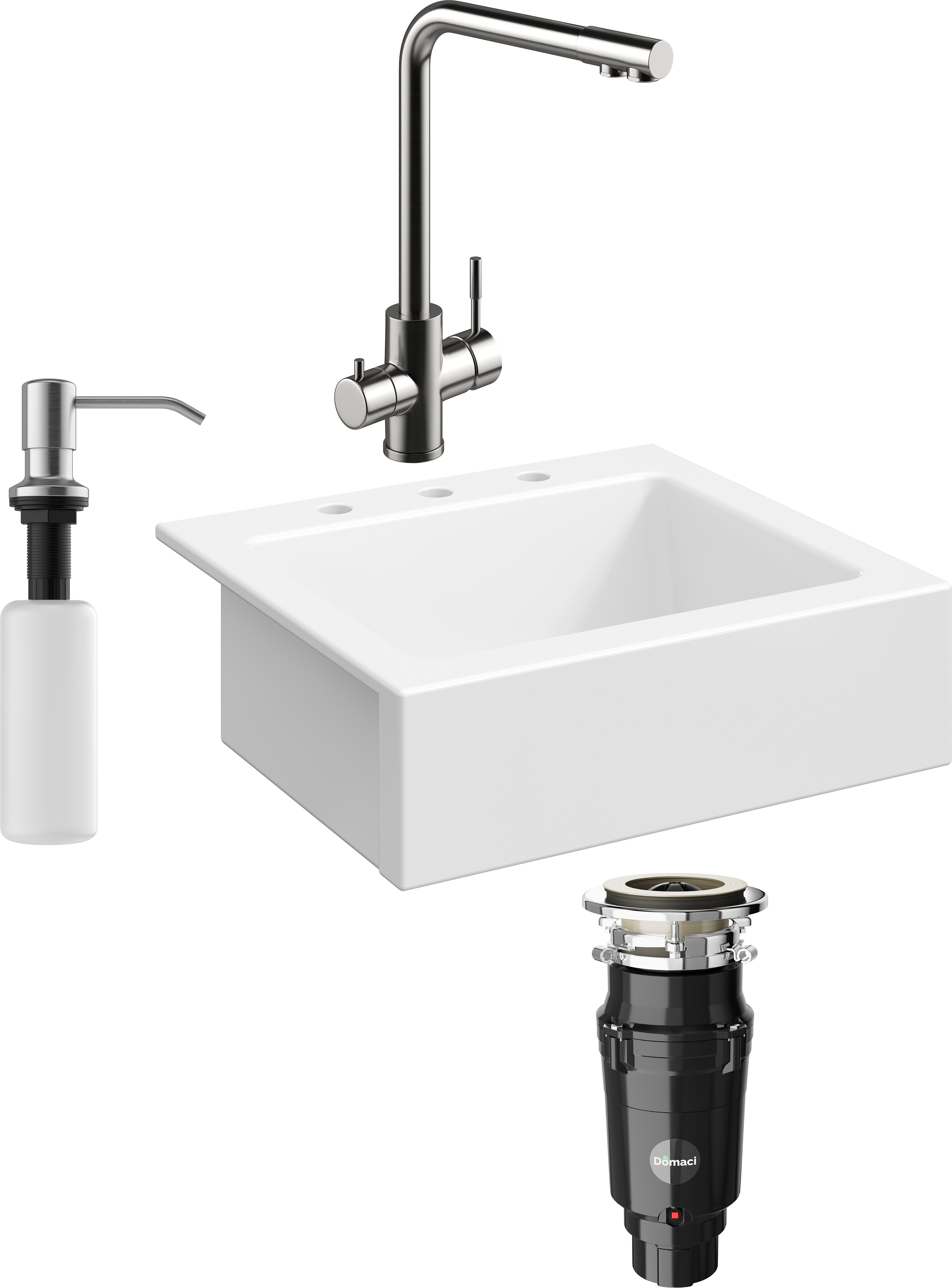 Комплект Мойка кухонная Domaci Сиена 50166-101 с 3 отверстиями, белый глянец + Измельчитель Равенна Vento Plus 560 + Смеситель Ливорно WFD04018 брашированная сталь + Дозатор 401 сатин