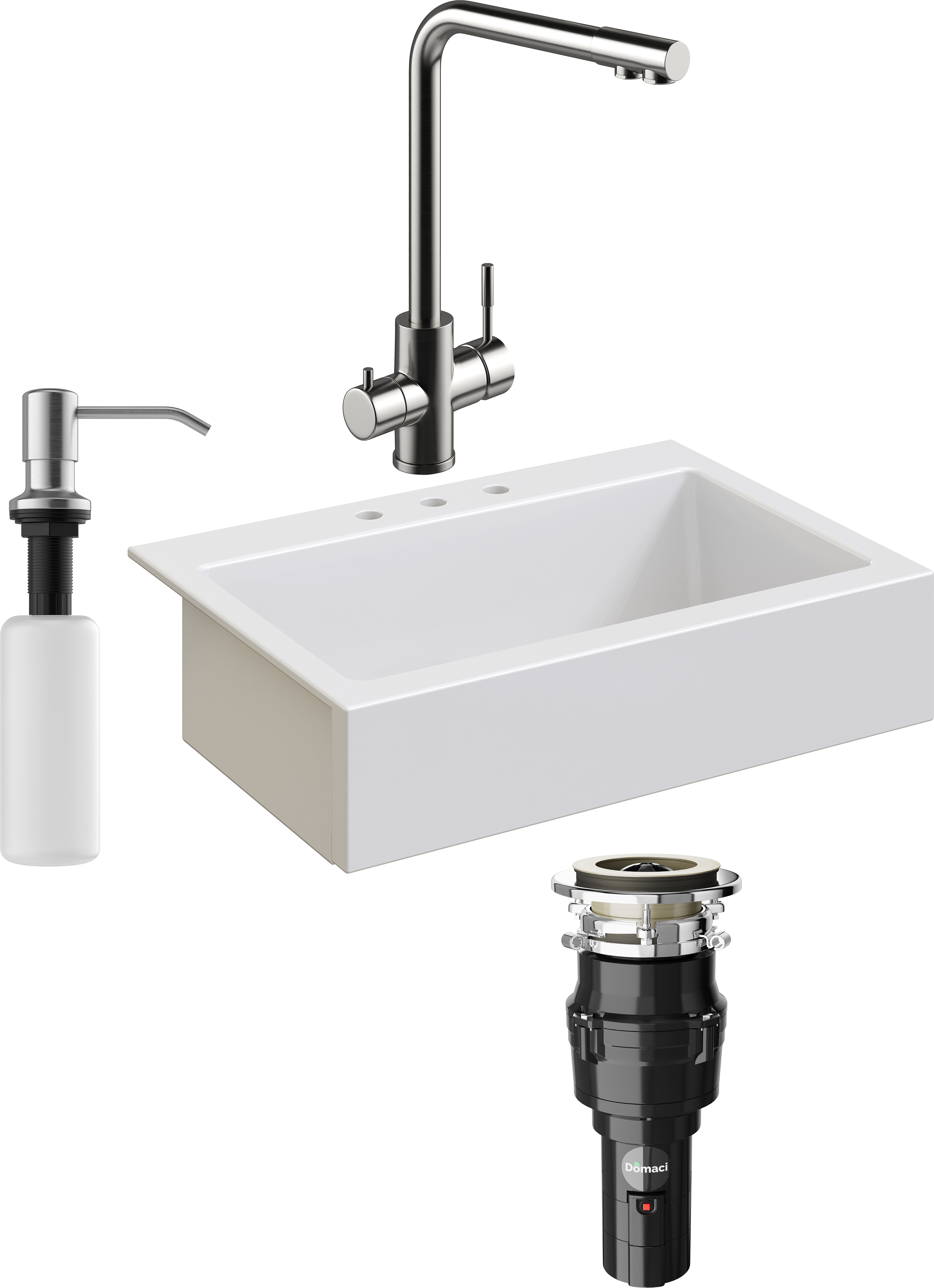 Комплект Мойка кухонная Domaci Сиена 50186-101 с 3 отверстиями, белый глянец + Измельчитель Равенна Vento 375 + Смеситель Ливорно WFD04018 брашированная сталь + Дозатор 401 сатин