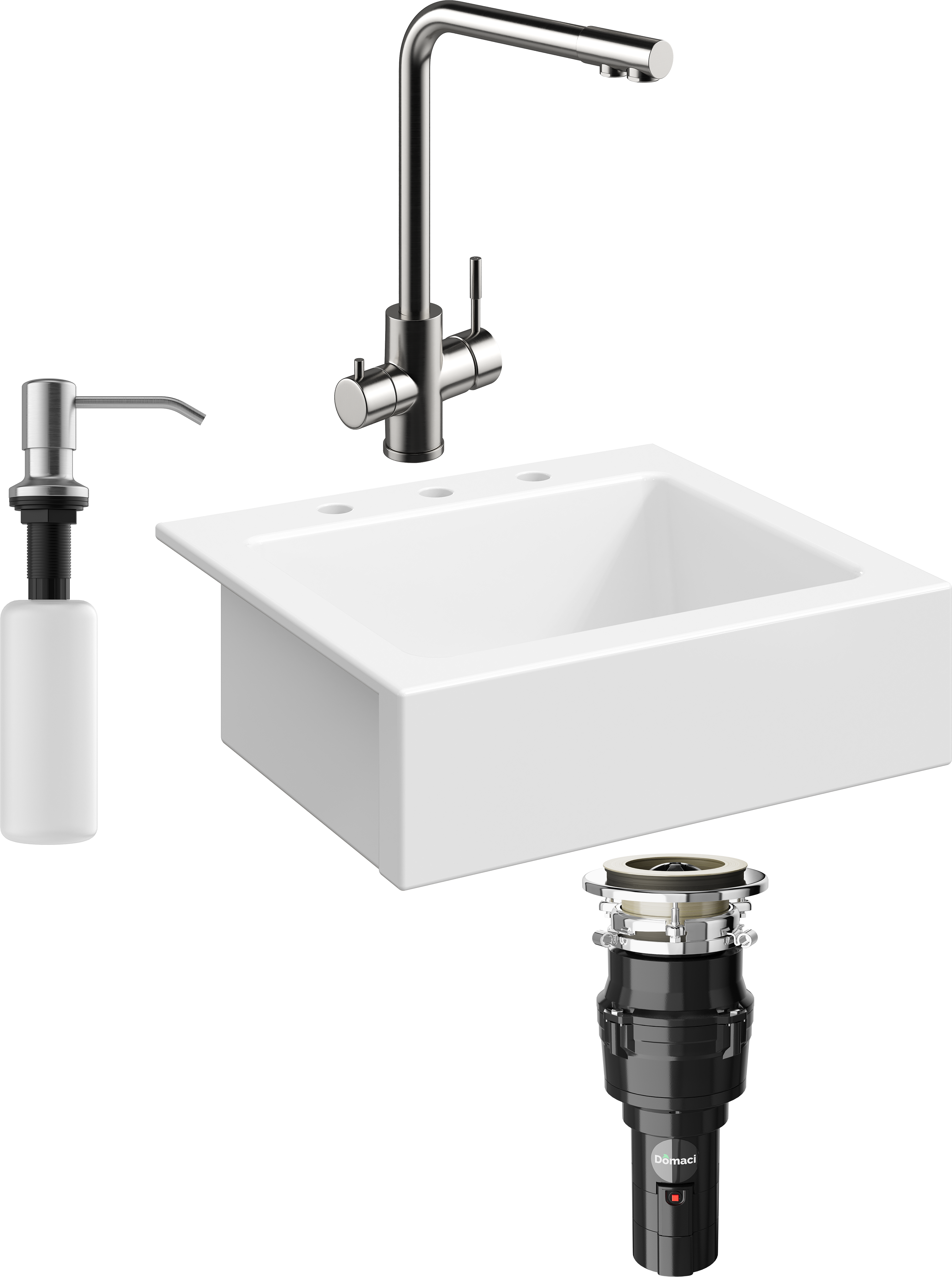 Комплект Мойка кухонная Domaci Сиена 50166-101 с 3 отверстиями, белый глянец + Измельчитель Равенна Vento 375 + Смеситель Ливорно WFD04018 брашированная сталь + Дозатор 401 сатин