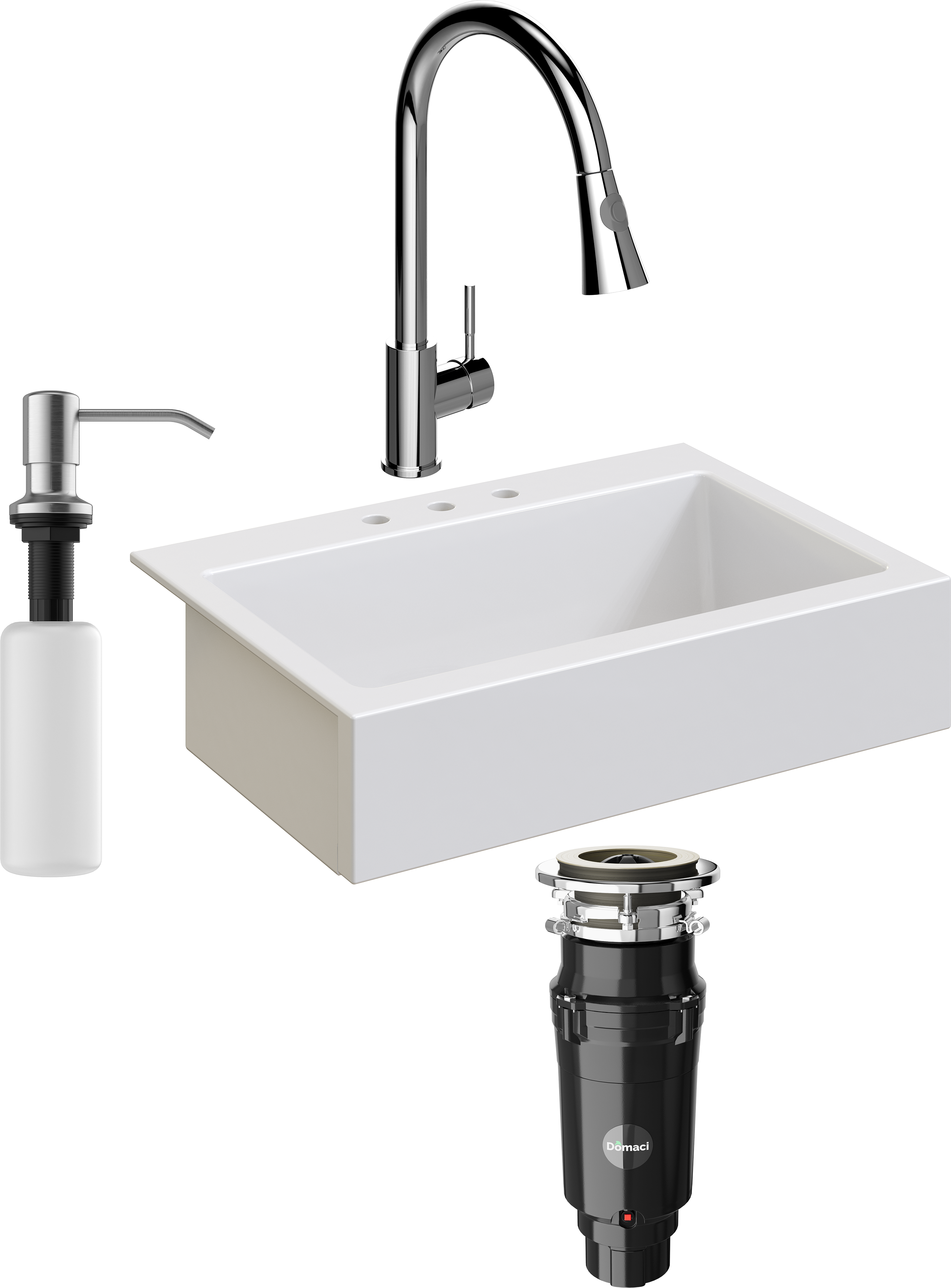 Комплект Мойка кухонная Domaci Сиена 50186-101 с 3 отверстиями, белый глянец + Измельчитель Равенна Vento Max 750 + Смеситель Ливорно WFD04093 + Дозатор 401 сатин