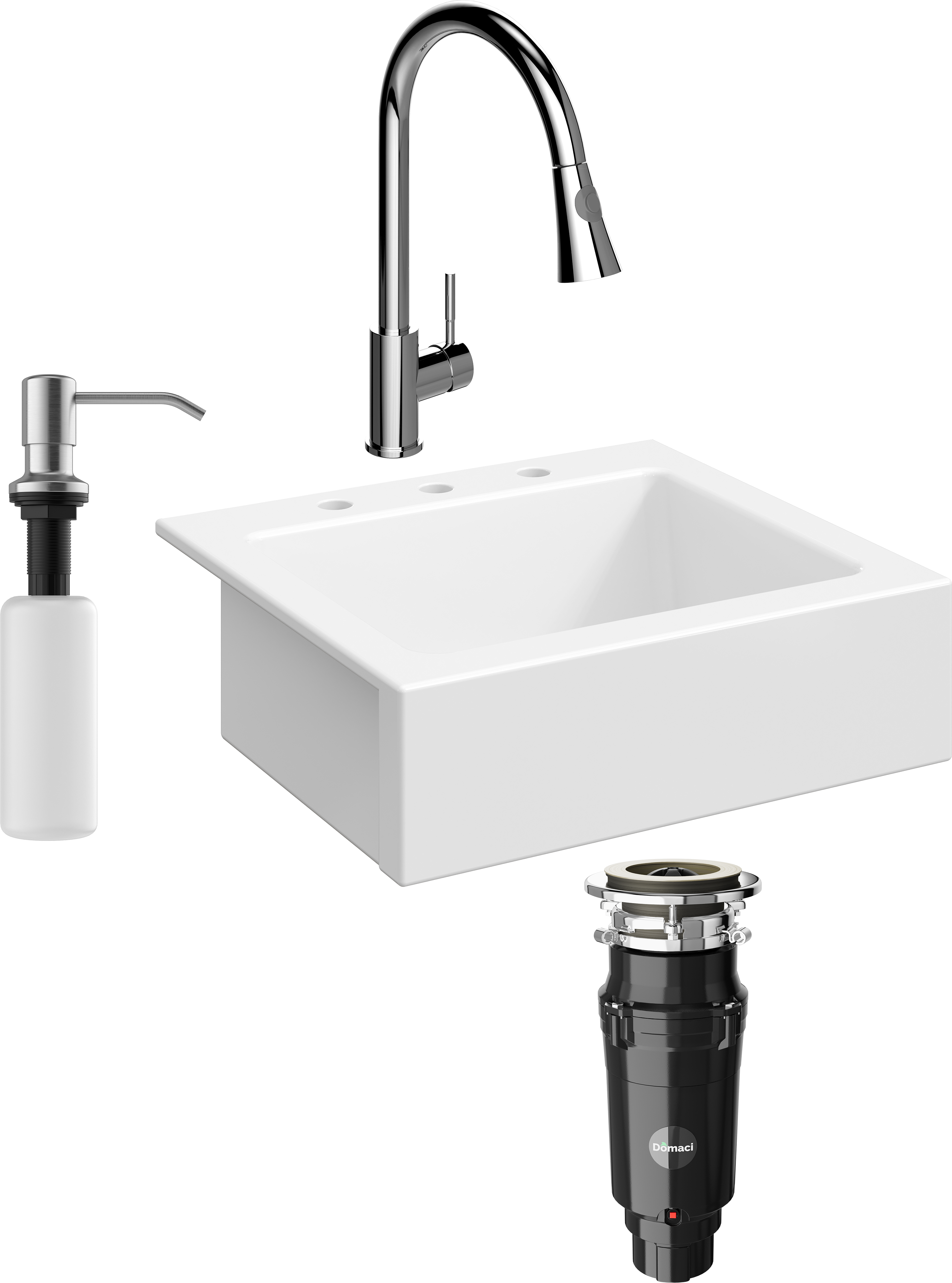 Комплект Мойка кухонная Domaci Сиена 50166-101 с 3 отверстиями, белый глянец + Измельчитель Равенна Vento Max 750 + Смеситель Ливорно WFD04093 + Дозатор 401 сатин