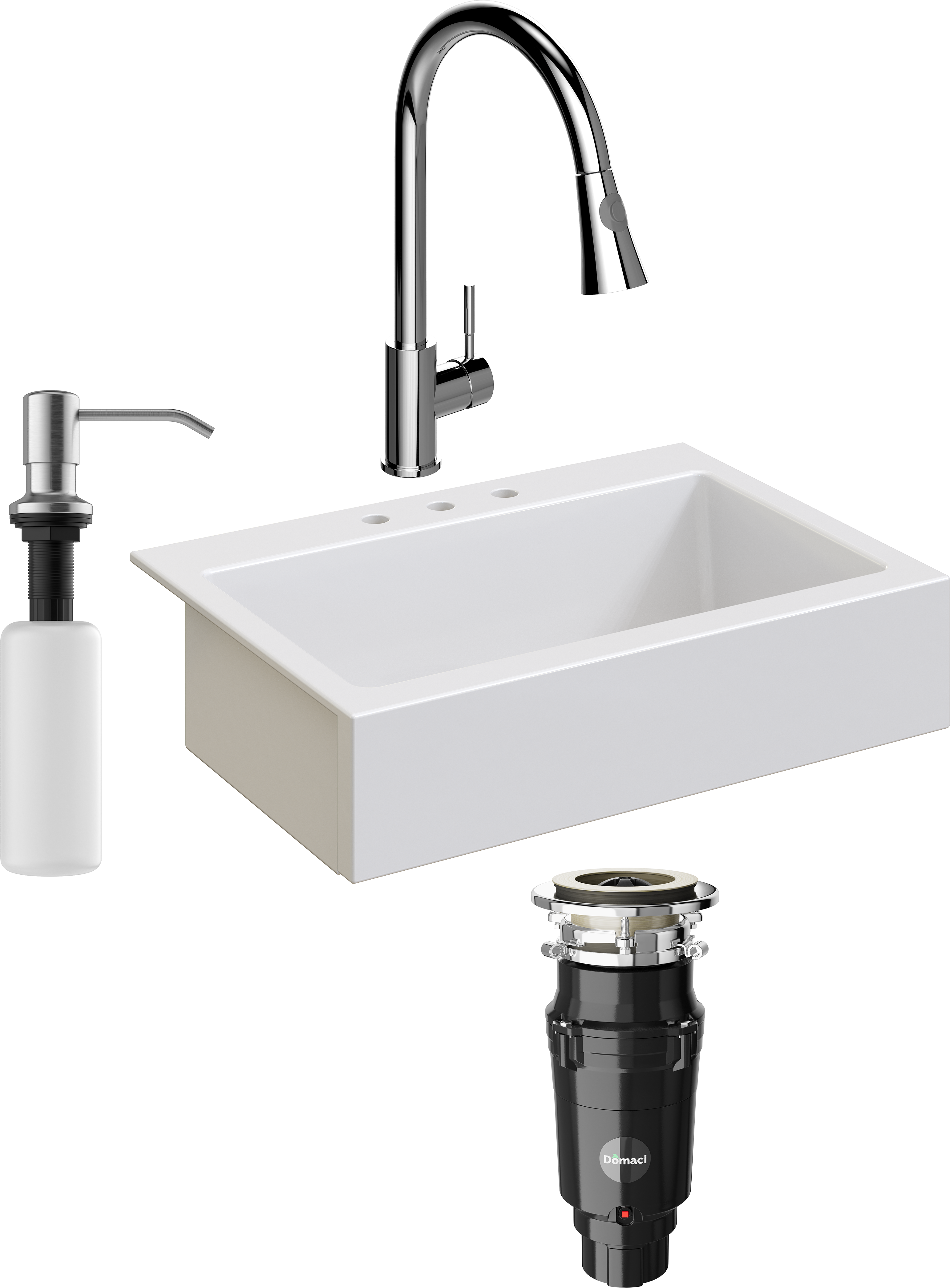 Комплект Мойка кухонная Domaci Сиена 50186-101 с 3 отверстиями, белый глянец + Измельчитель Равенна Vento Plus 560 + Смеситель Ливорно WFD04093 + Дозатор 401 сатин