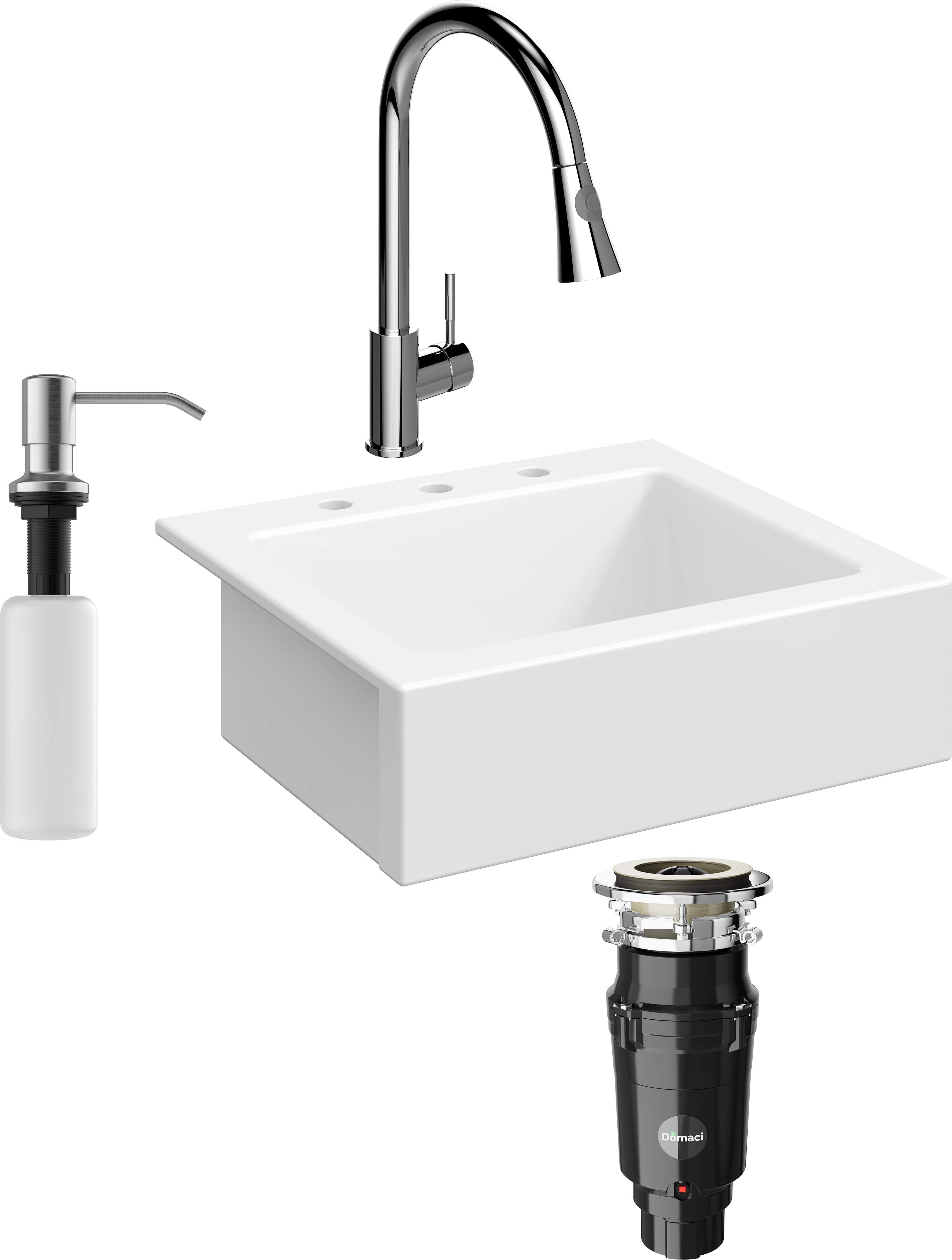 Комплект Мойка кухонная Domaci Сиена 50166-101 с 3 отверстиями, белый глянец + Измельчитель Равенна Vento Plus 560 + Смеситель Ливорно WFD04093 + Дозатор 401 сатин