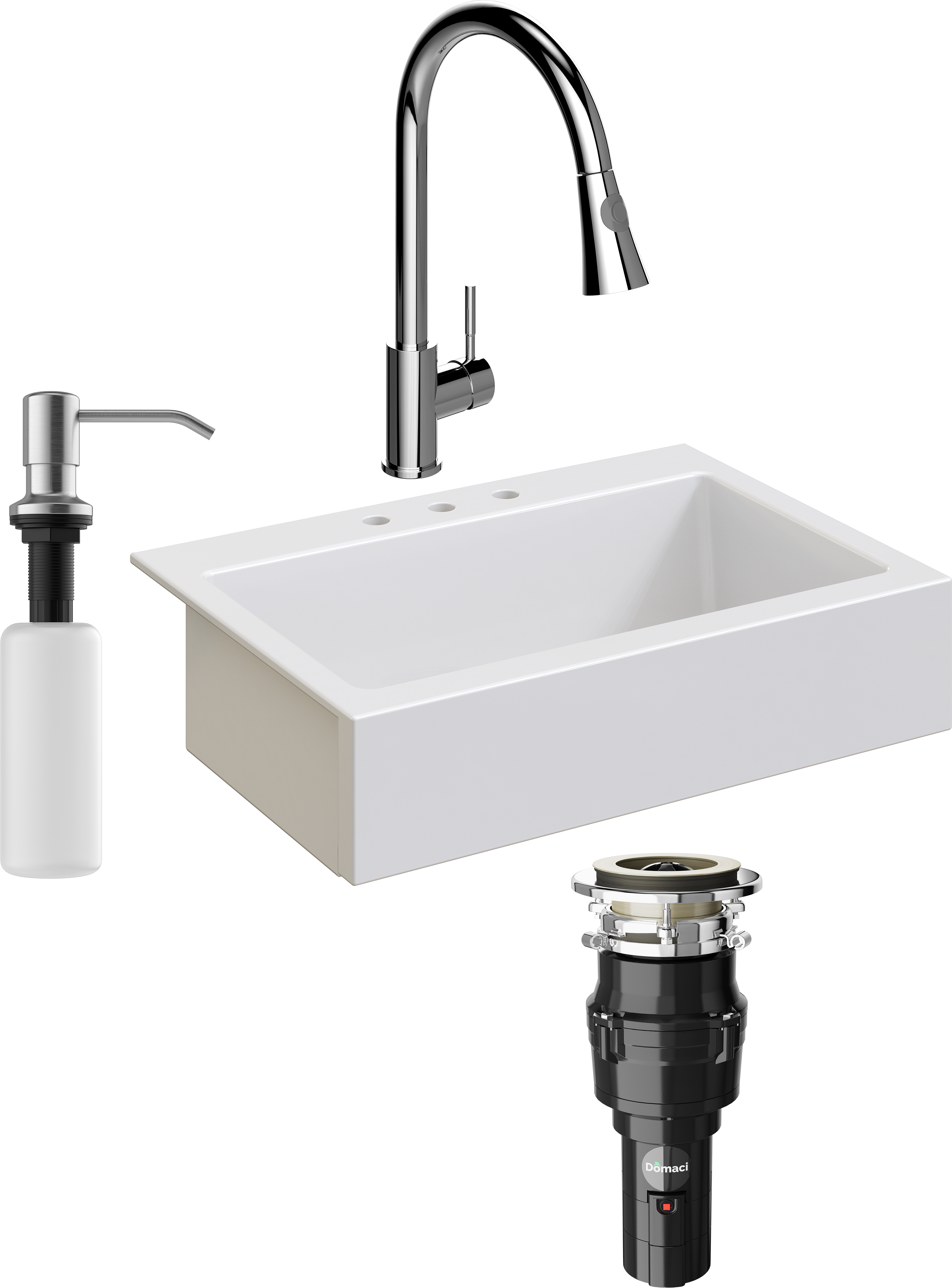 Комплект Мойка кухонная Domaci Сиена 50186-101 с 3 отверстиями, белый глянец + Измельчитель Равенна Vento 375 + Смеситель Ливорно WFD04093 + Дозатор 401 сатин
