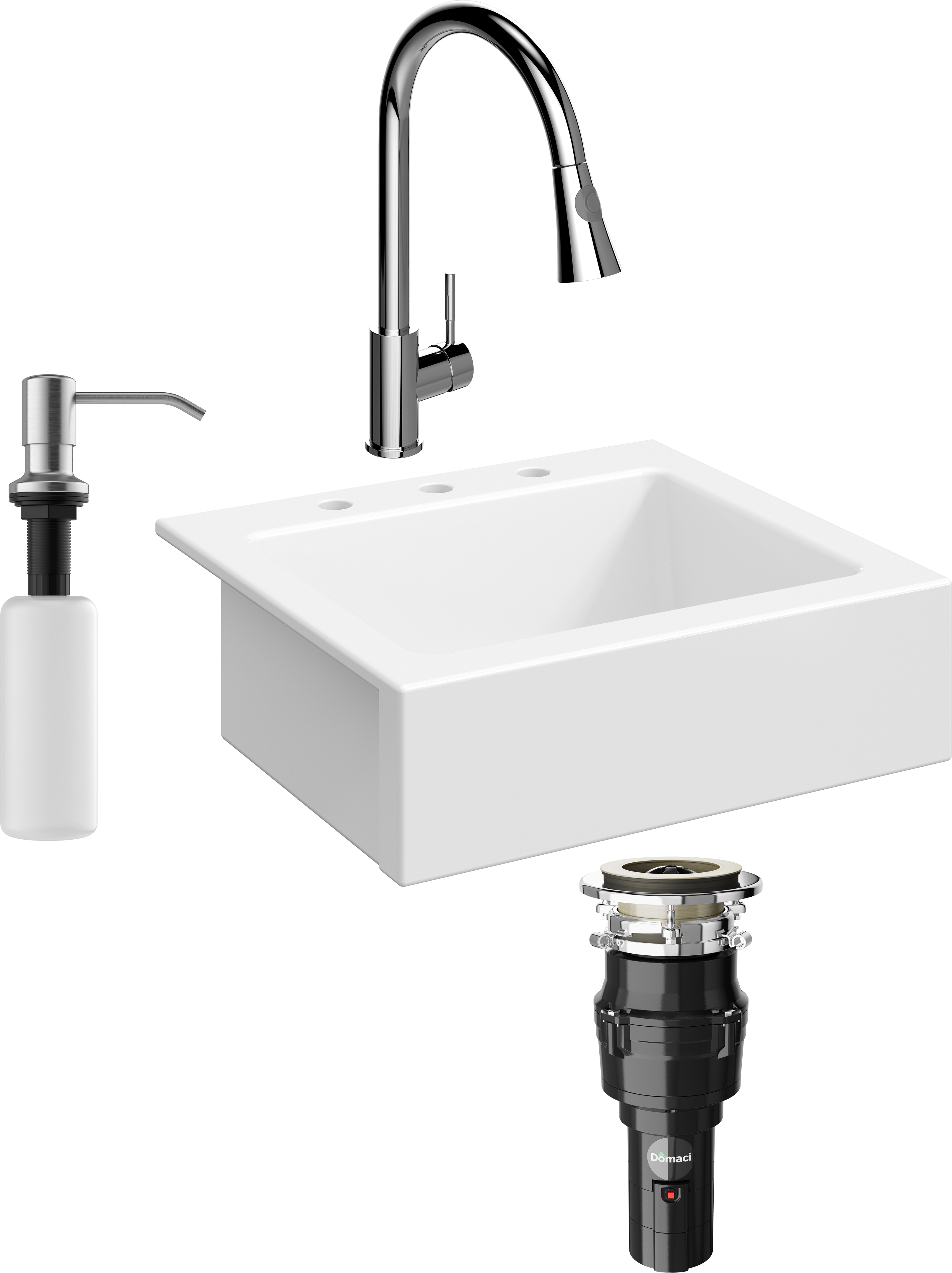 Комплект Мойка Domaci Сиена 50166-101 с 3 отверстиями, белый глянец + Измельчитель Равенна Vento 375 + Смеситель Ливорно WFD04093 + Дозатор 401 сатин