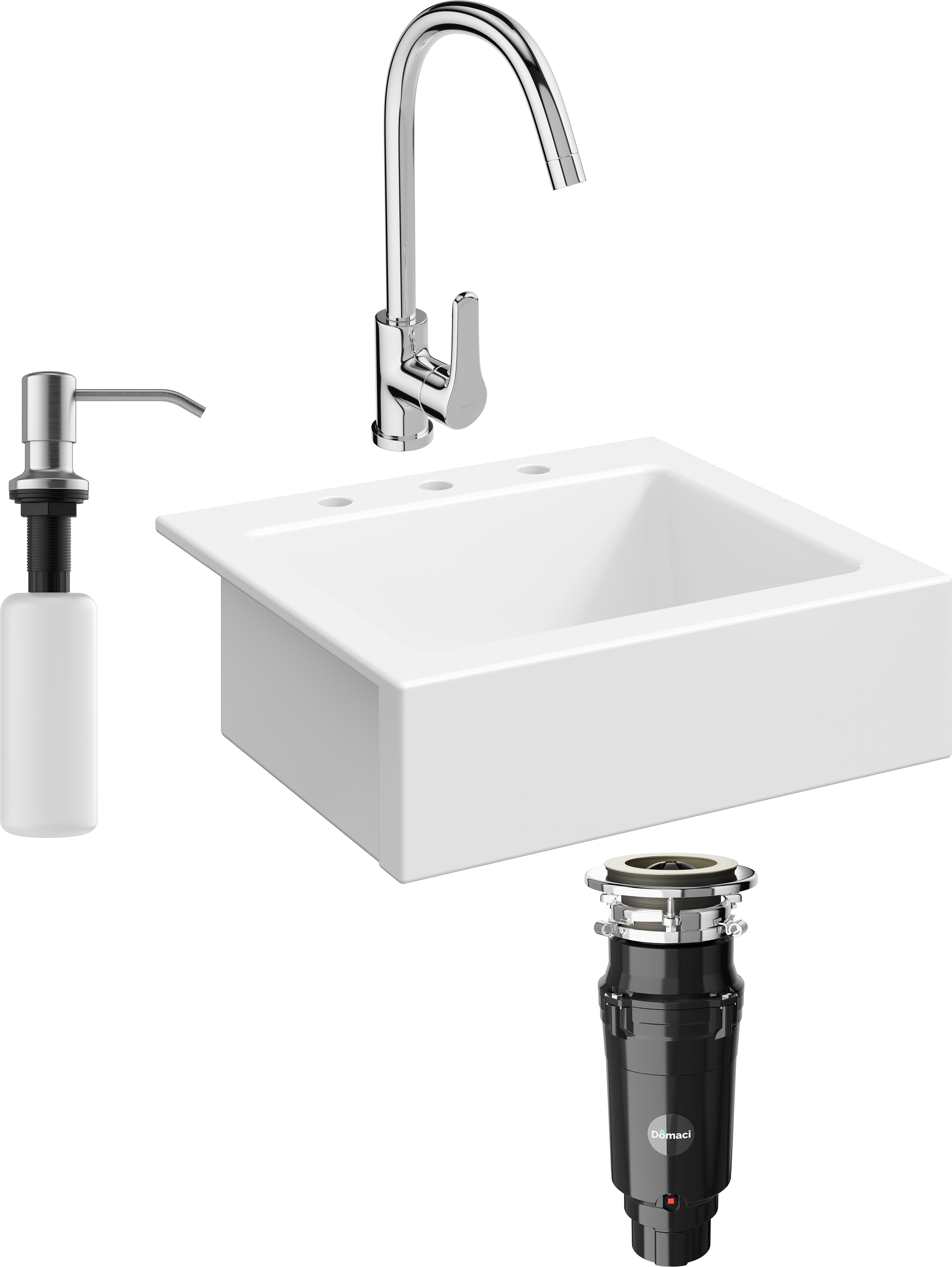 Комплект Мойка Domaci Сиена 50166-101 с 3 отверстиями, белый глянец + Измельчитель Равенна Vento Max 750 + Смеситель Ливорно 33110-205/1CG-IG11 + Дозатор 401 сатин