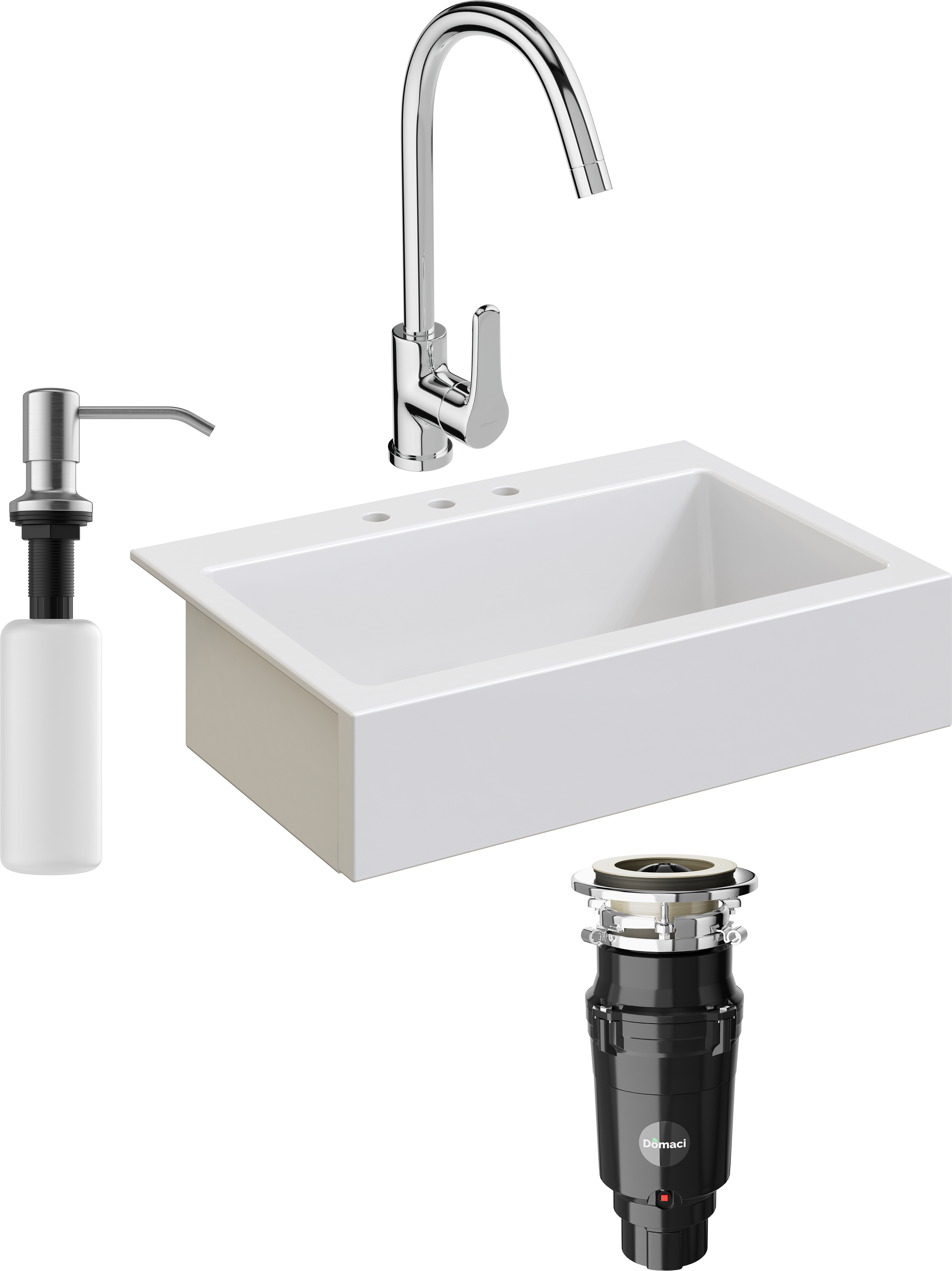 Комплект Мойка кухонная Domaci Сиена 50186-101 с 3 отверстиями, белый глянец + Измельчитель Равенна Vento Plus 560 + Смеситель Ливорно 33110-205/1CG-IG11 + Дозатор 401 сатин