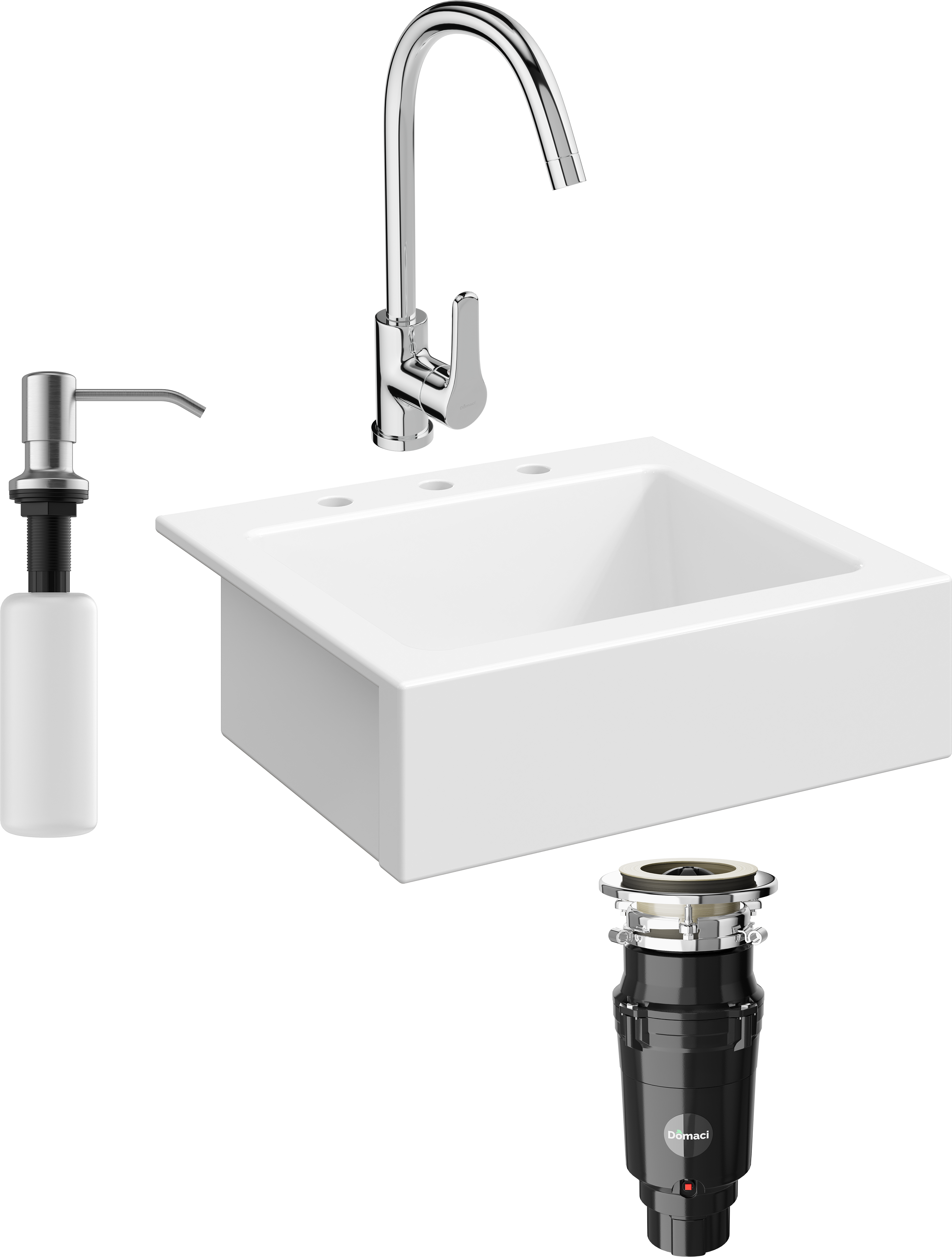 Комплект Мойка кухонная Domaci Сиена 50166-101 с 3 отверстиями, белый глянец + Измельчитель Равенна Vento Plus 560 + Смеситель Ливорно 33110-205/1CG-IG11 + Дозатор 401 сатин