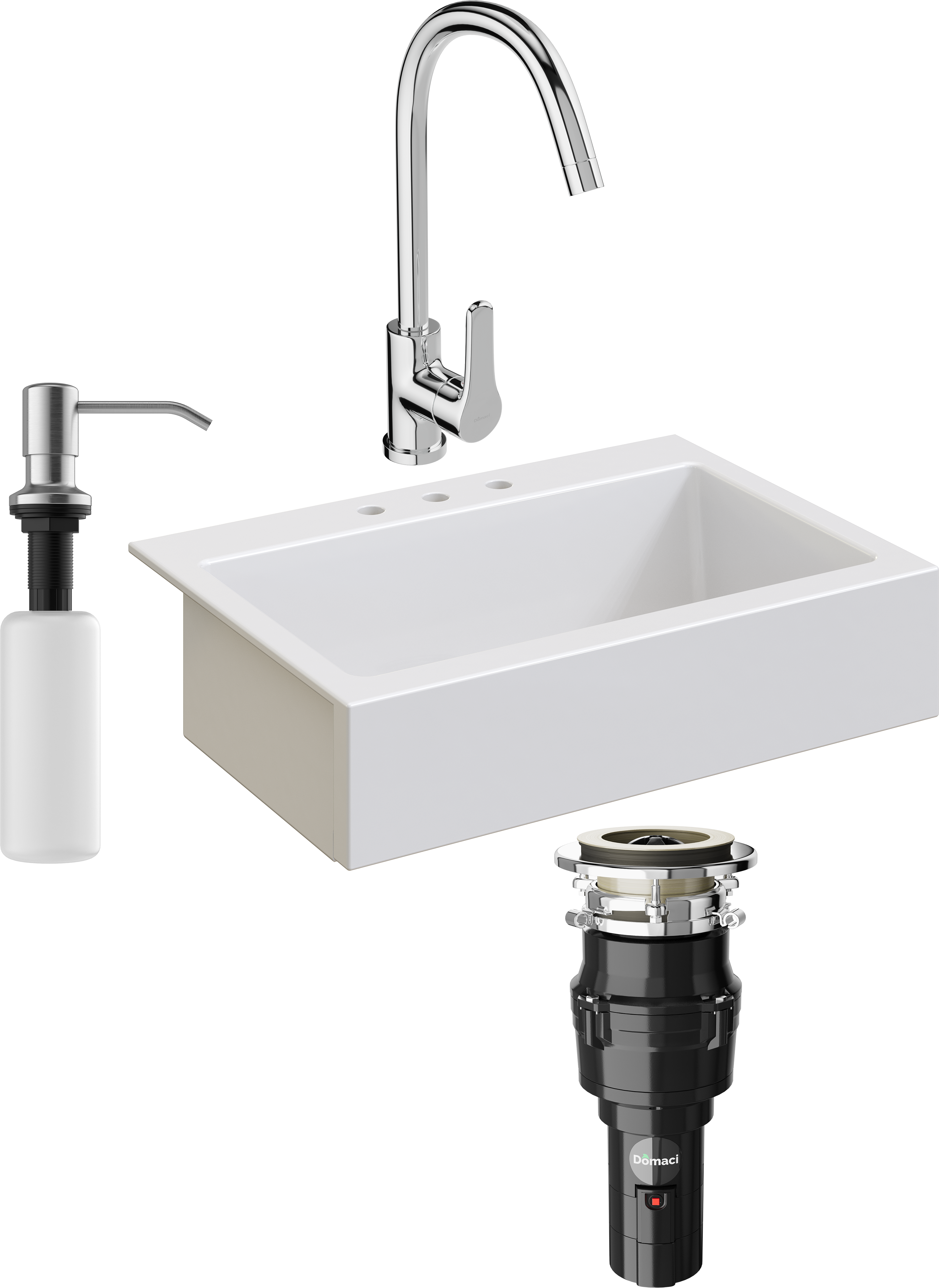 Комплект Мойка кухонная Domaci Сиена 50186-101 с 3 отверстиями, белый глянец + Измельчитель Равенна Vento 375 + Смеситель Ливорно 33110-205/1CG-IG11 + Дозатор 401 сатин