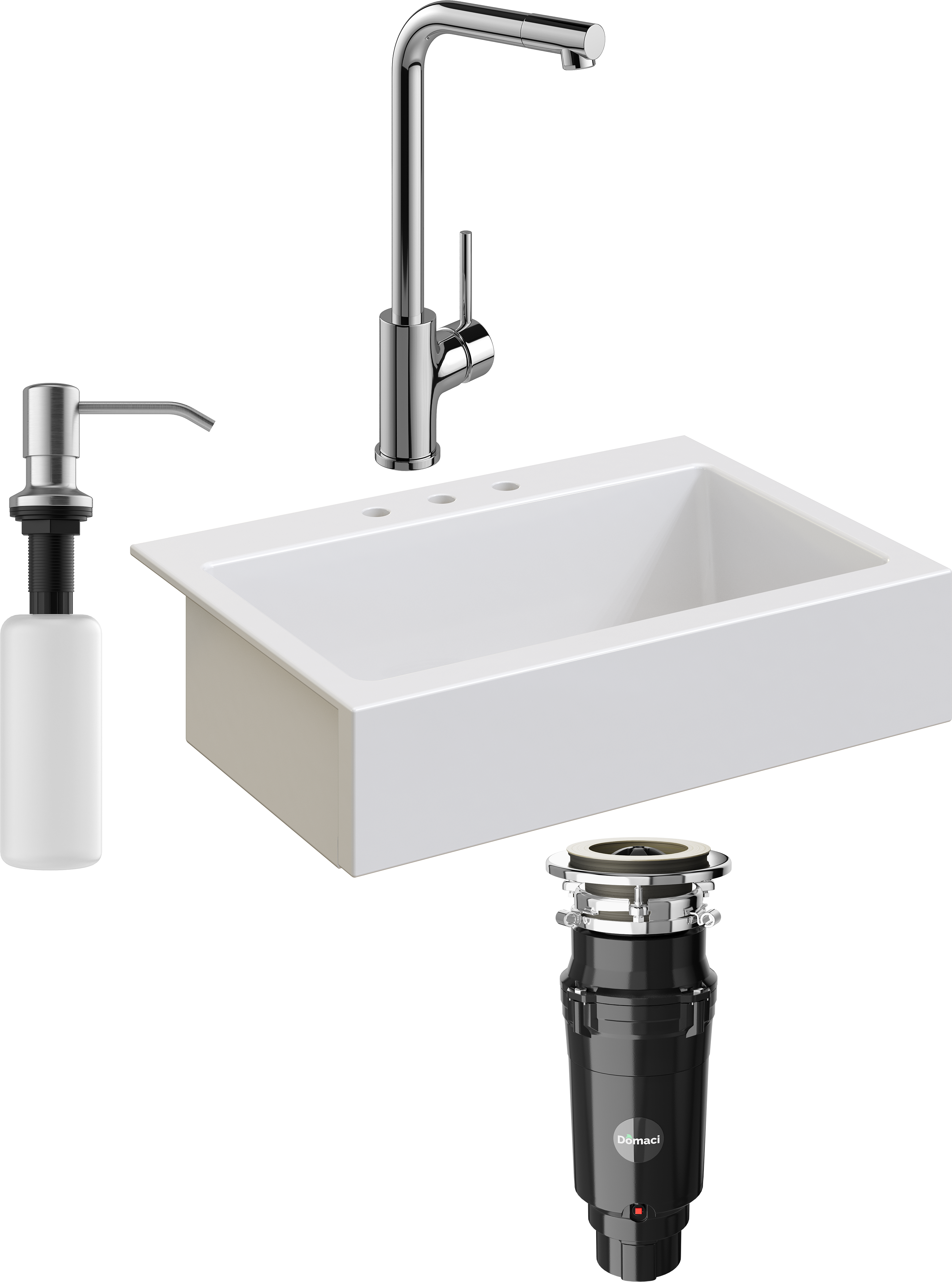 Комплект Мойка кухонная Domaci Сиена 50186-101 с 3 отверстиями, белый глянец + Измельчитель Равенна Vento Max 750 + Смеситель Ливорно WFD05002K + Дозатор 401 сатин