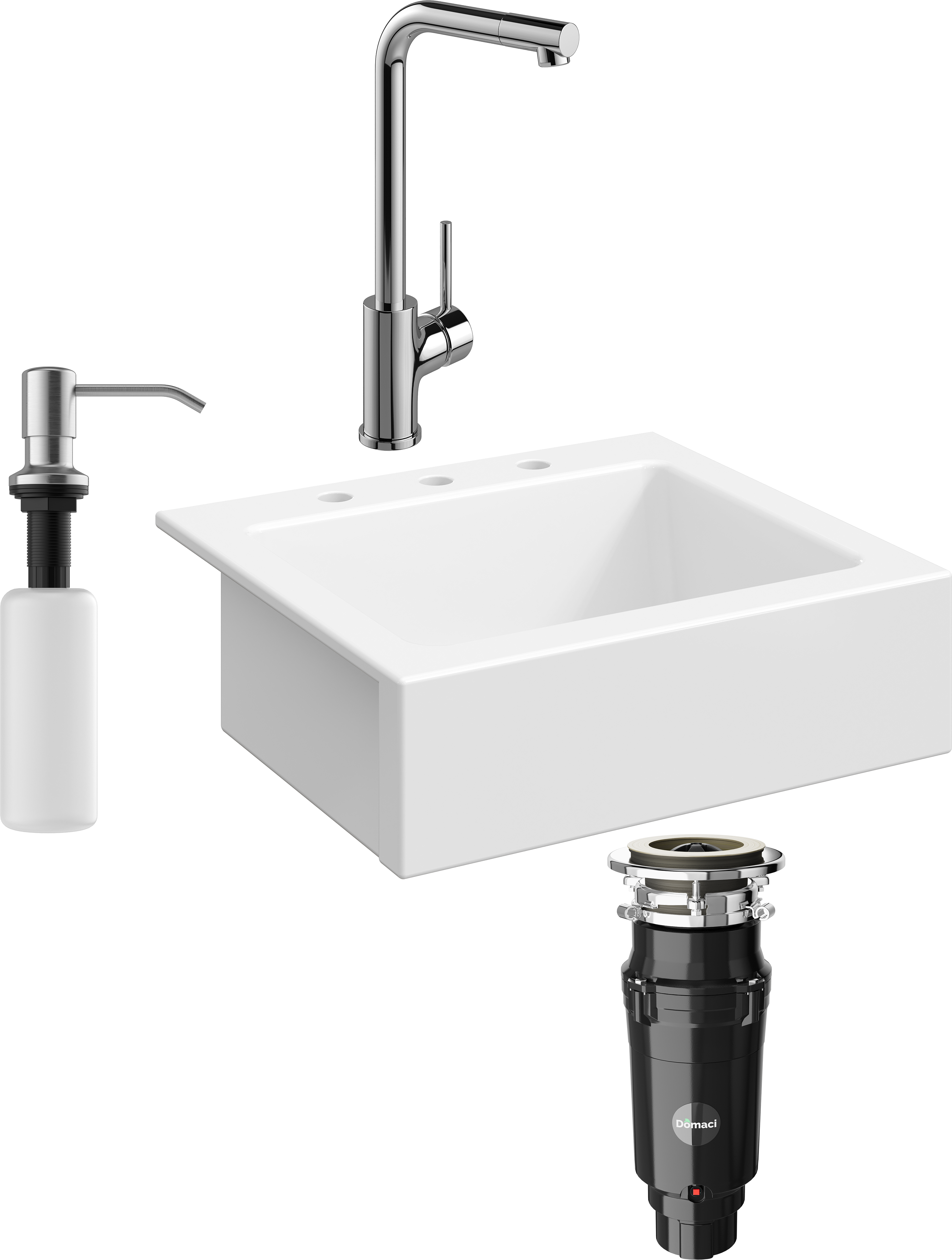Комплект Мойка Domaci Сиена 50166-101 с 3 отверстиями, белый глянец + Измельчитель Равенна Vento Max 750 + Смеситель Ливорно WFD05002K + Дозатор 401 сатин