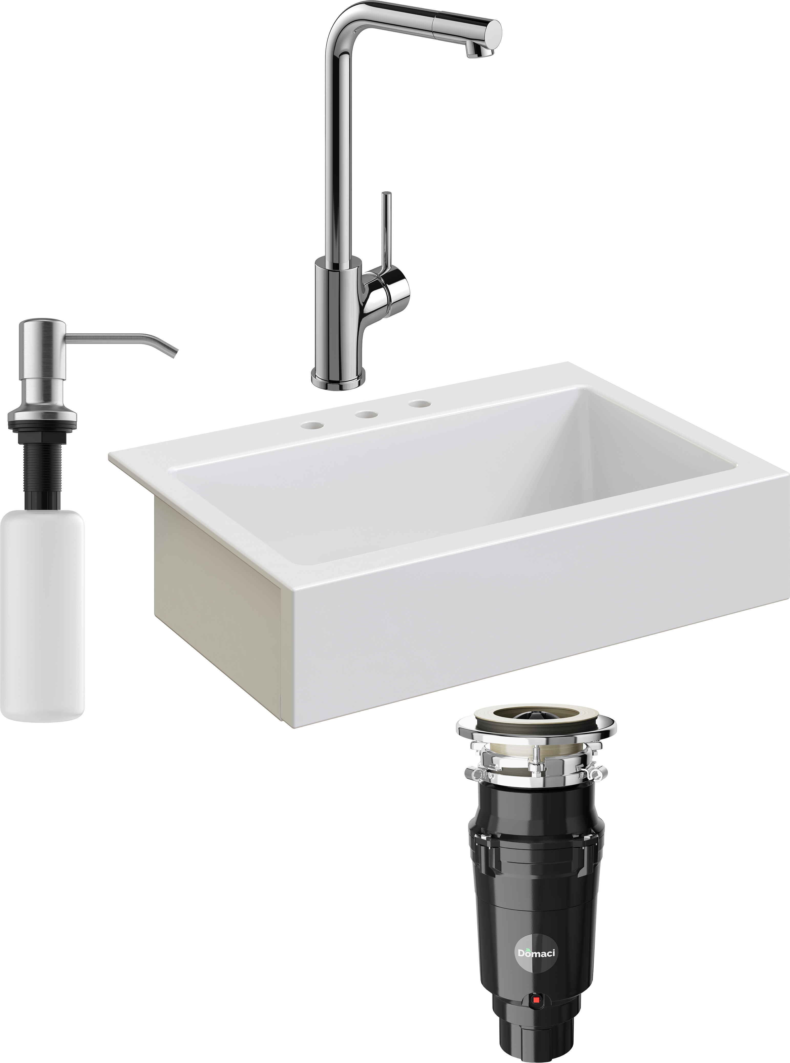 Комплект Мойка кухонная Domaci Сиена 50186-101 с 3 отверстиями, белый глянец + Измельчитель Равенна Vento Plus 560 + Смеситель Ливорно WFD05002K + Дозатор 401 сатин