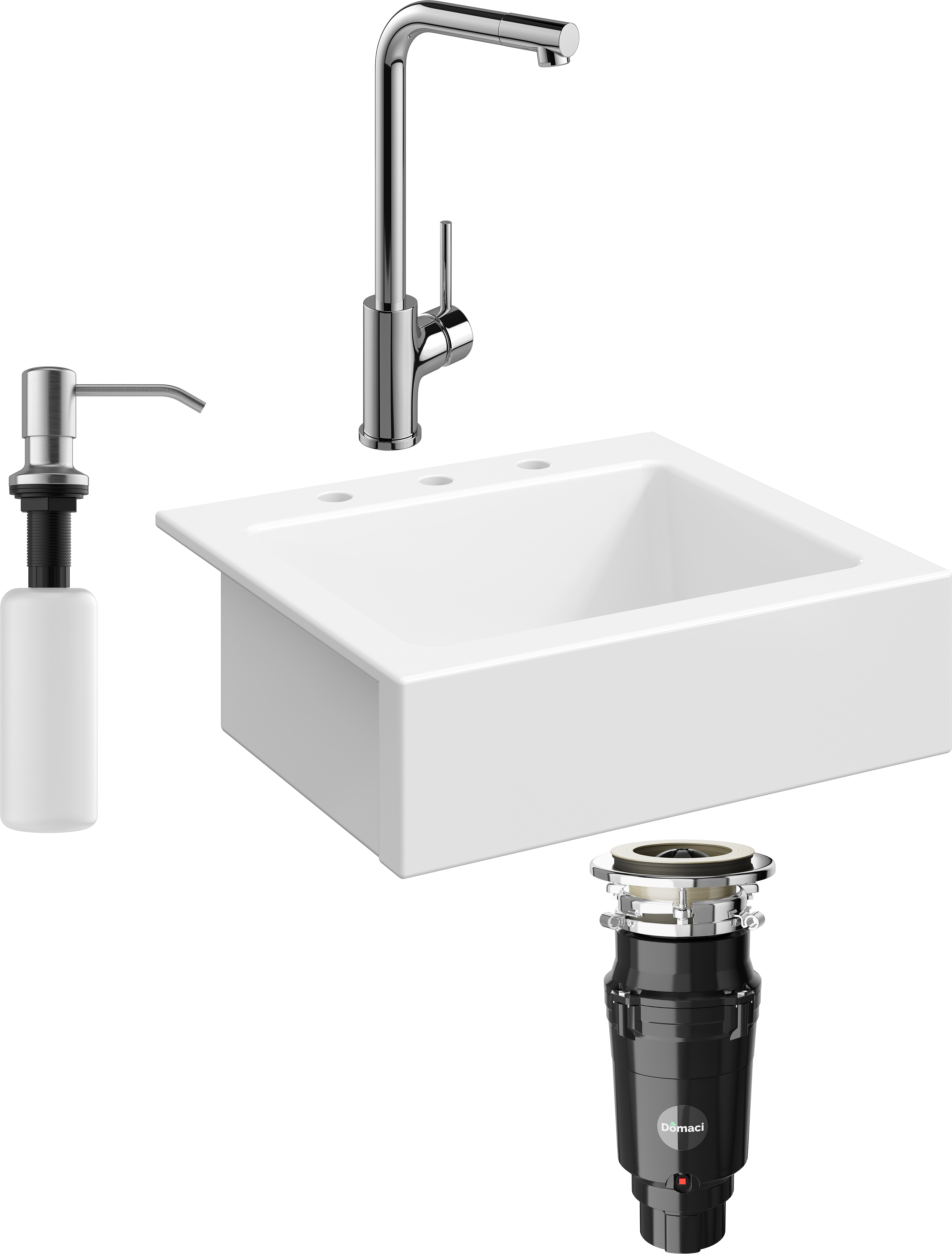 Комплект Мойка кухонная Domaci Сиена 50166-101 с 3 отверстиями, белый глянец + Измельчитель Равенна Vento Plus 560 + Смеситель Ливорно WFD05002K + Дозатор 401 сатин