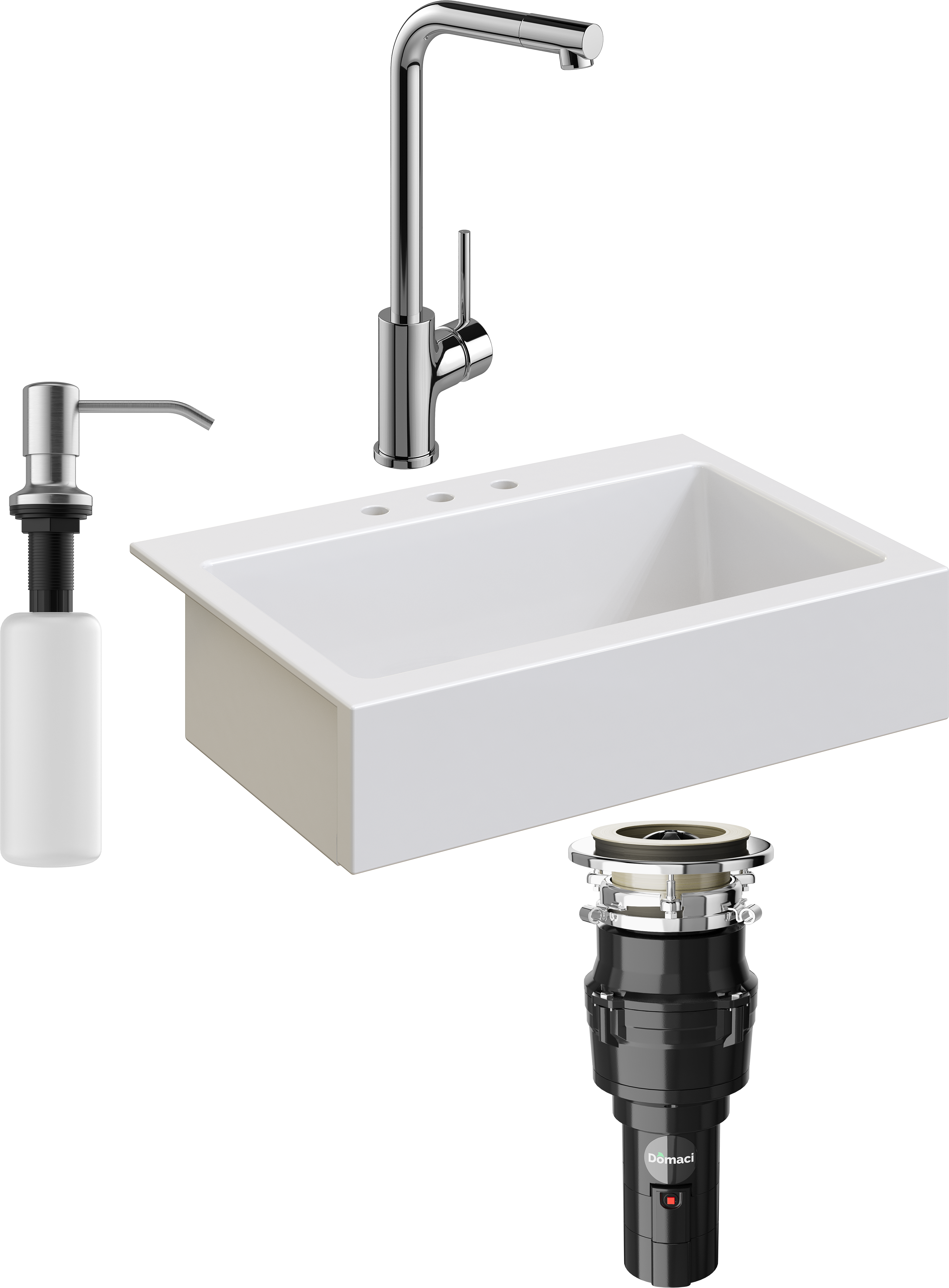 Комплект Мойка кухонная Domaci Сиена 50186-101 с 3 отверстиями, белый глянец + Измельчитель Равенна Vento 375 + Смеситель Ливорно WFD05002K + Дозатор 401 сатин