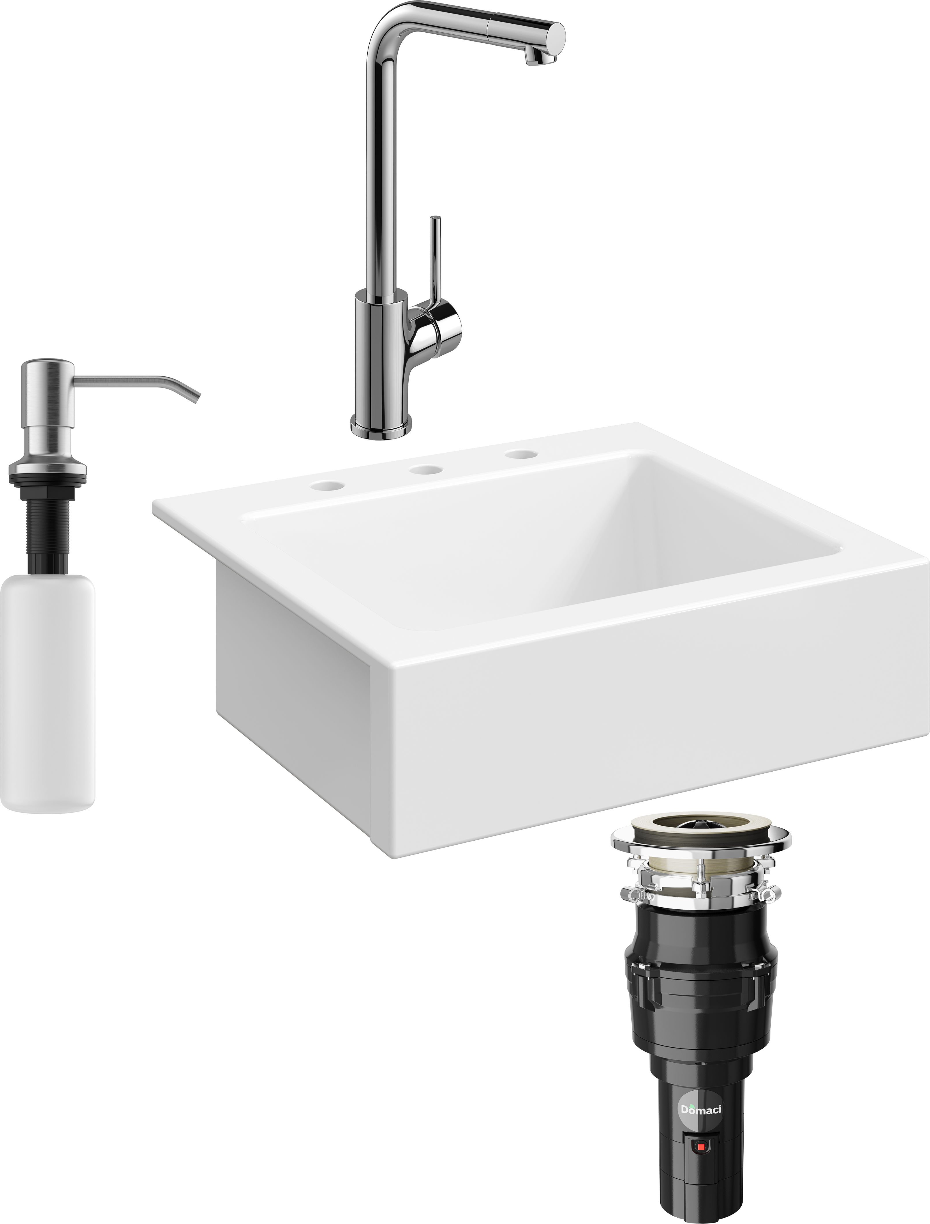 Комплект Мойка Domaci Сиена 50166-101 с 3 отверстиями, белый глянец + Измельчитель Равенна Vento 375 + Смеситель Ливорно WFD05002K + Дозатор 401 сатин