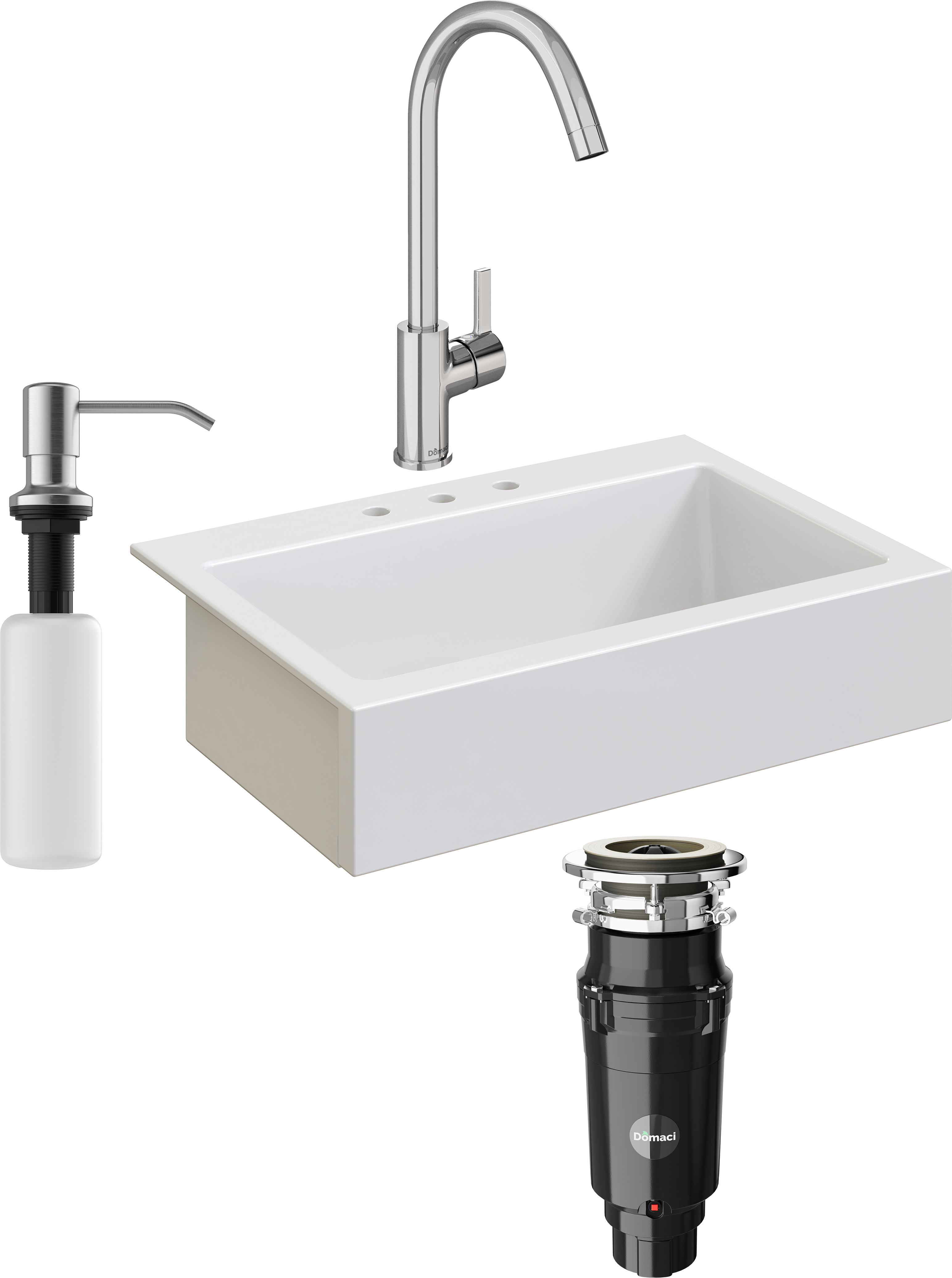 Комплект Мойка кухонная Domaci Сиена 50186-101 с 3 отверстиями, белый глянец + Измельчитель Равенна Vento Max 750 + Смеситель Ливорно 33080-229/1GB-IG11 + Дозатор 401 сатин
