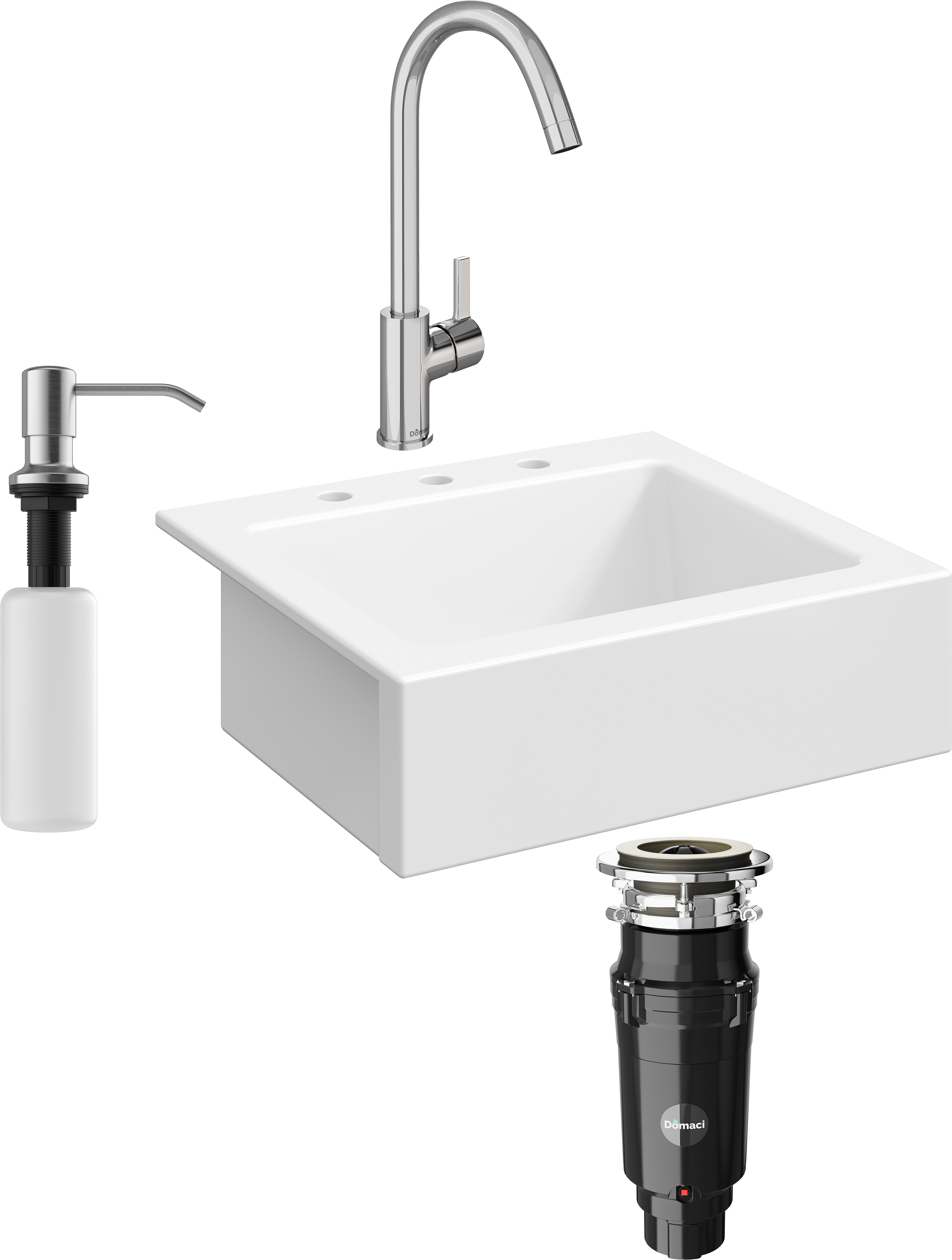 Комплект Мойка кухонная Domaci Сиена 50166-101 с 3 отверстиями, белый глянец + Измельчитель Равенна Vento Max 750 + Смеситель Ливорно 33080-229/1GB-IG11 + Дозатор 401 сатин
