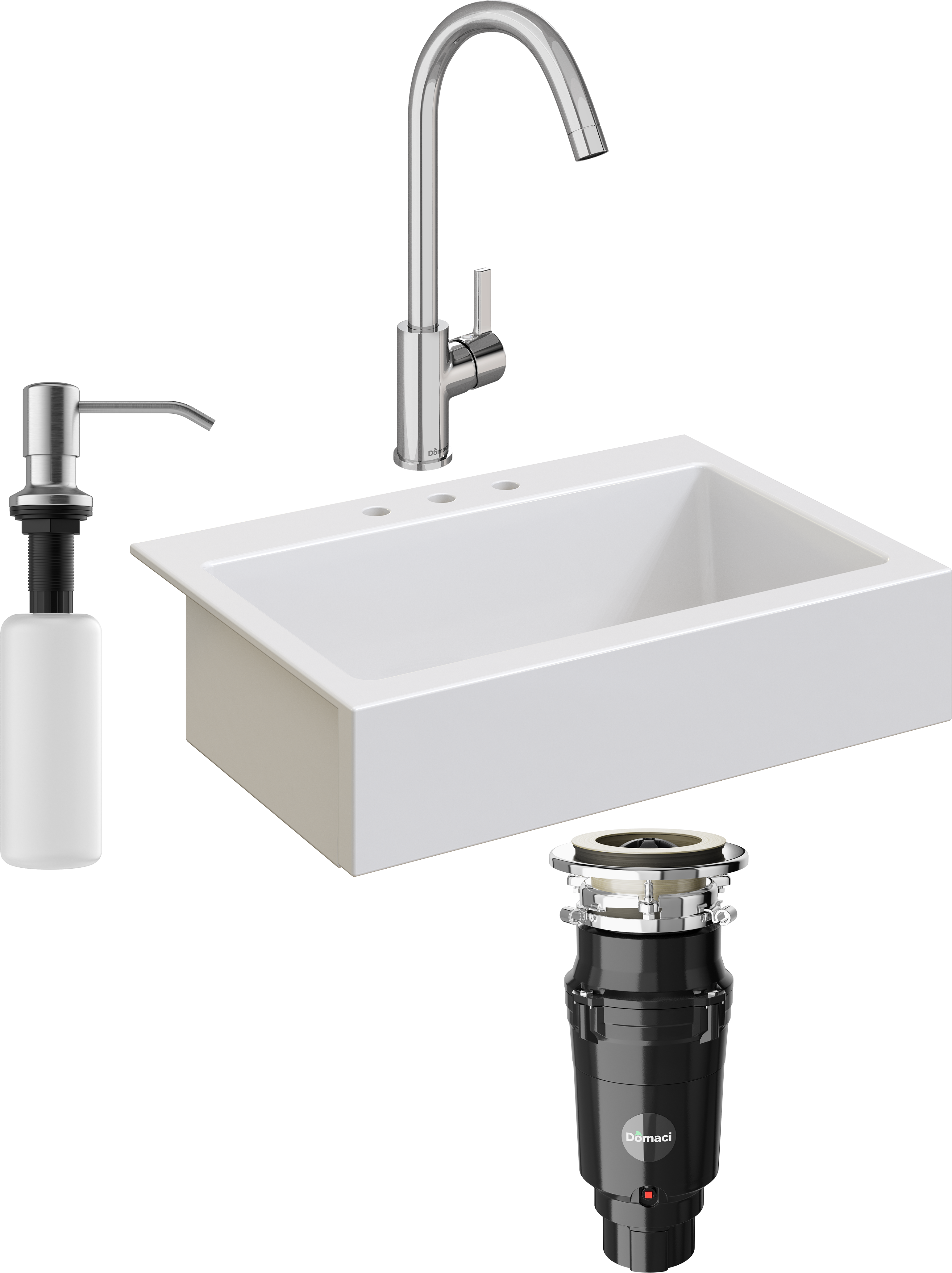 Комплект Мойка кухонная Domaci Сиена 50186-101 с 3 отверстиями, белый глянец + Измельчитель Равенна Vento Plus 560 + Смеситель Ливорно 33080-229/1GB-IG11 + Дозатор 401 сатин