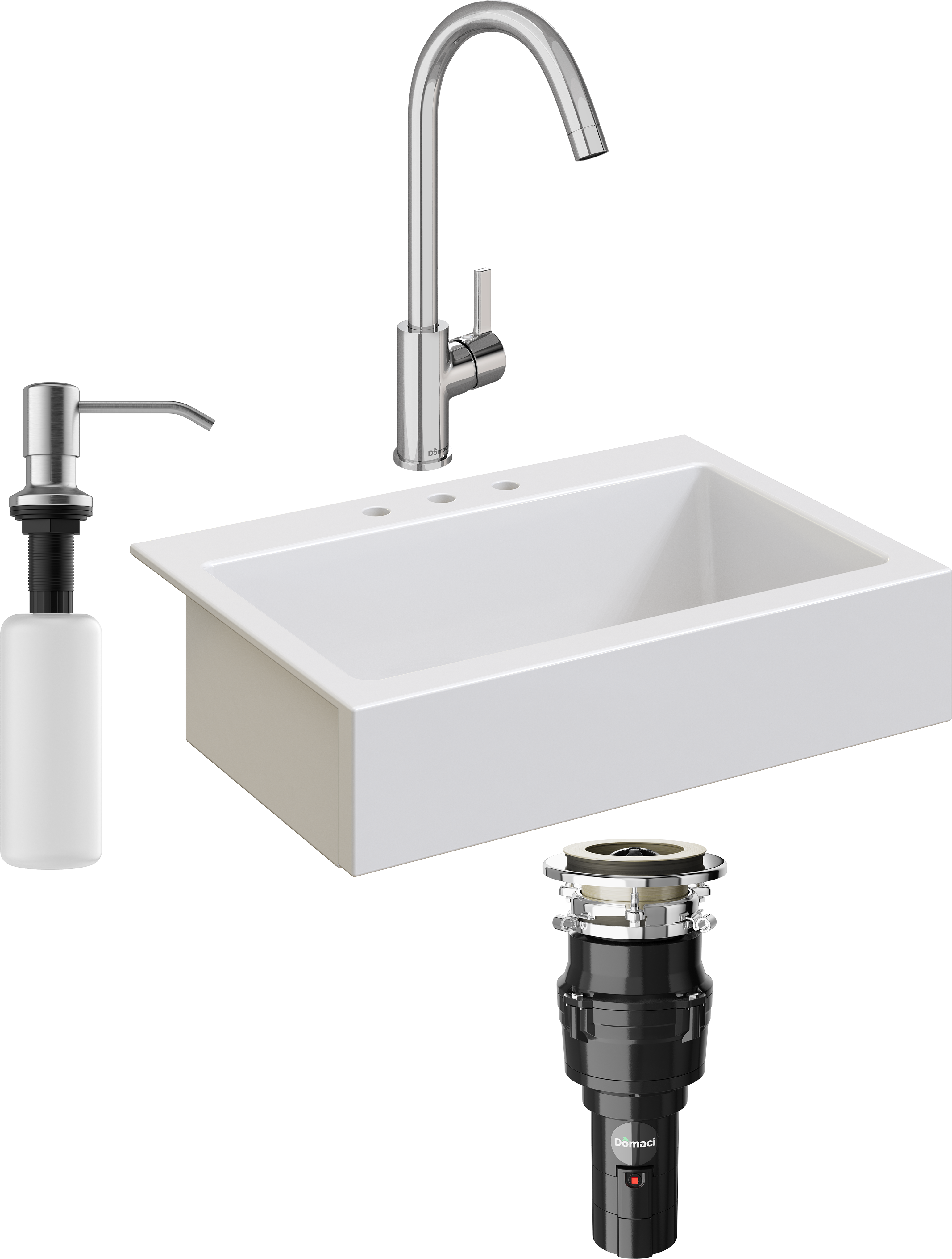 Комплект Мойка кухонная Domaci Сиена 50186-101 с 3 отверстиями, белый глянец + Измельчитель Равенна Vento 375 + Смеситель Ливорно 33080-229/1GB-IG11 + Дозатор 401 сатин