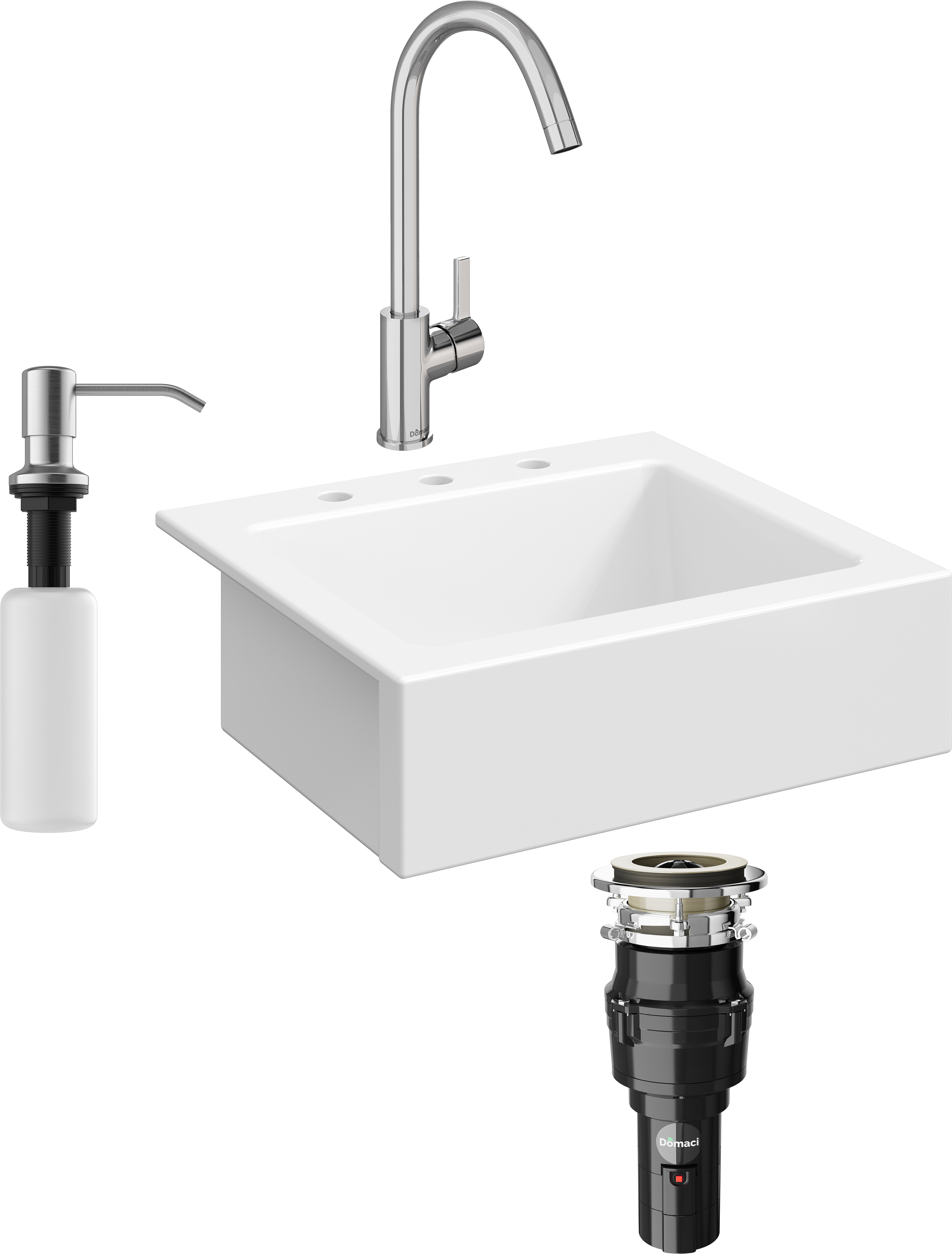 Комплект Мойка кухонная Domaci Сиена 50166-101 с 3 отверстиями, белый глянец + Измельчитель Равенна Vento 375 + Смеситель Ливорно 33080-229/1GB-IG11 + Дозатор 401 сатин