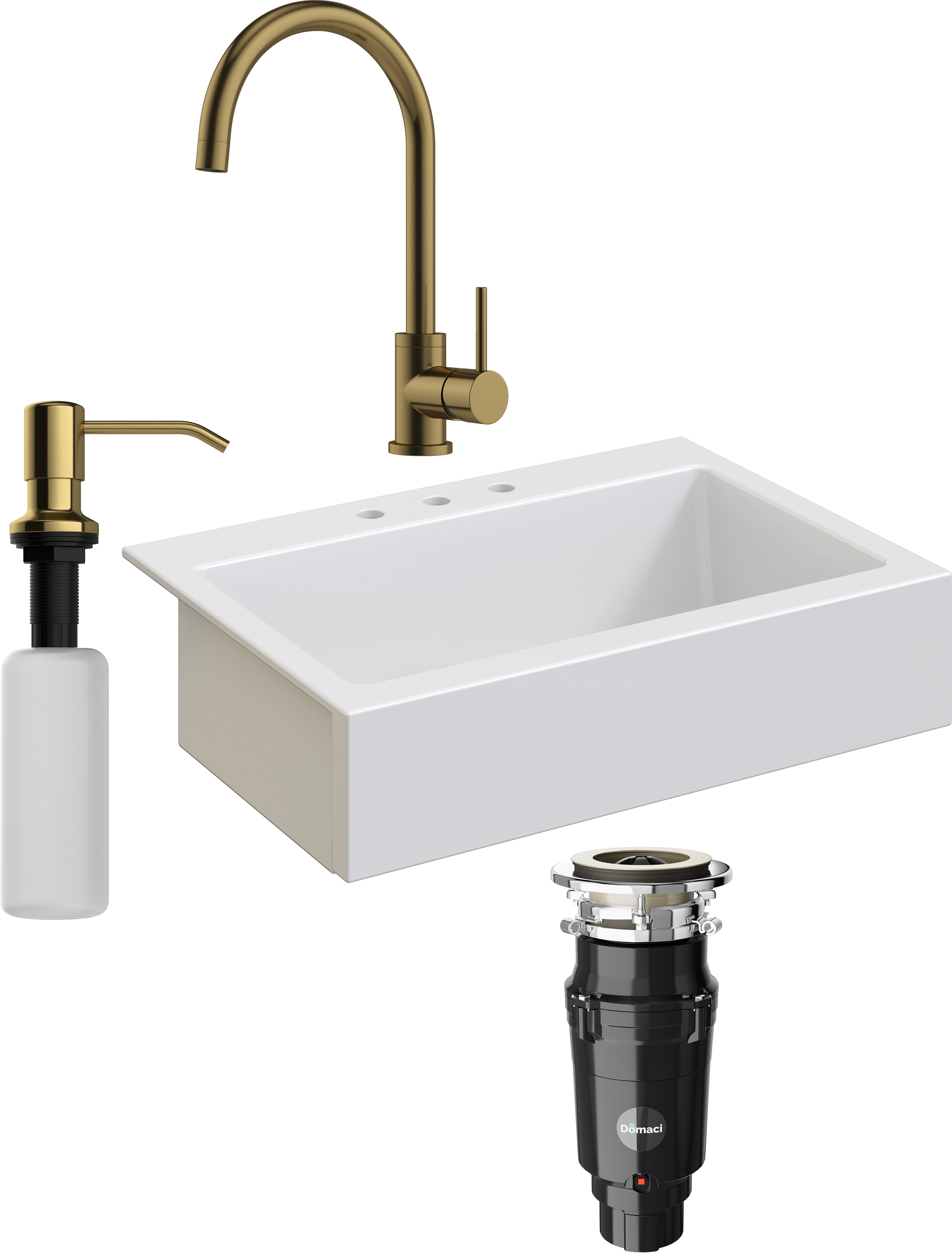 Комплект Мойка кухонная Domaci Сиена 50186-101 с 3 отверстиями, белый глянец + Измельчитель Равенна Vento Plus 560 + Смеситель DCB 3004 золото + Дозатор 401 золото