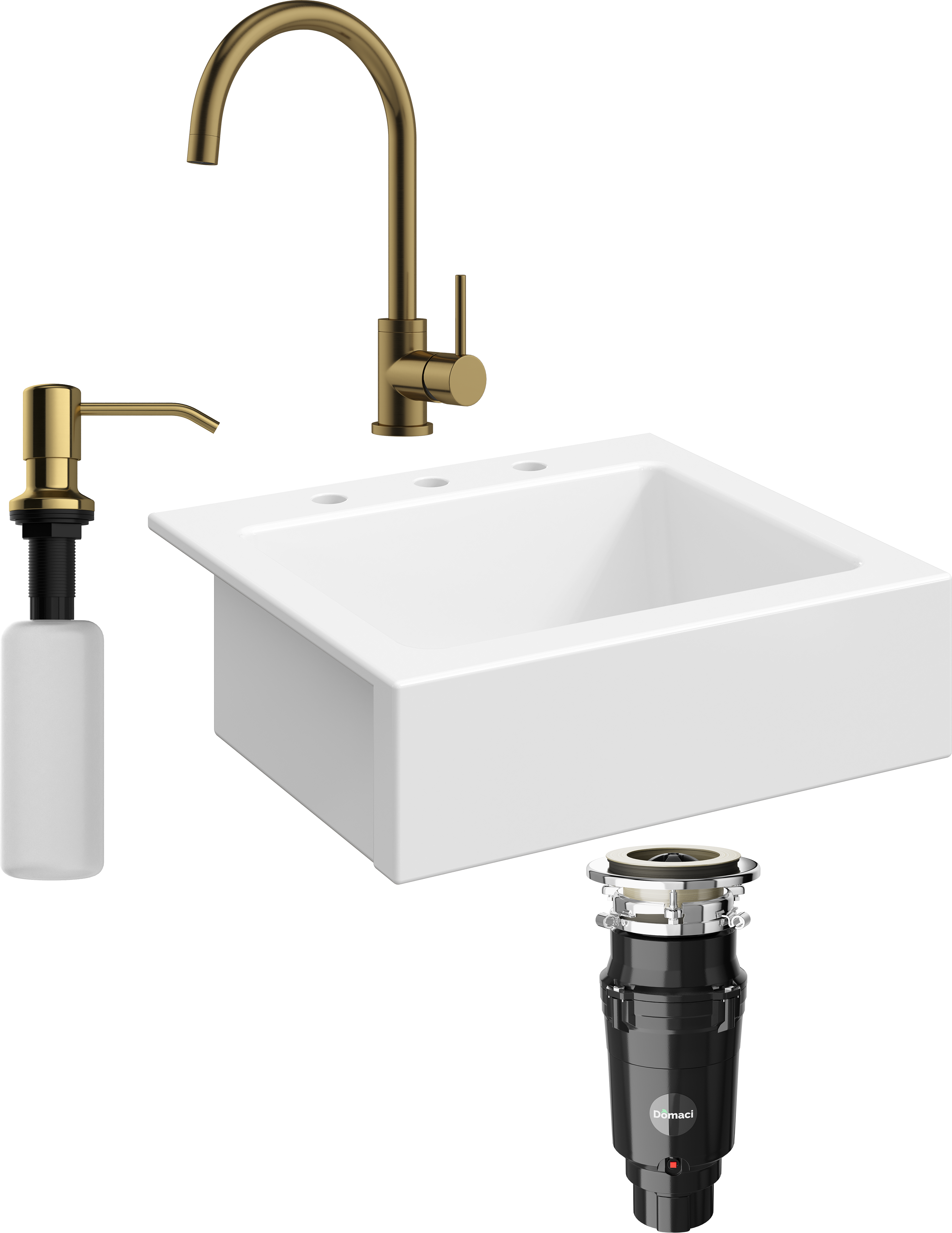 Комплект Мойка кухонная Domaci Сиена 50166-101 с 3 отверстиями, белый глянец + Измельчитель Равенна Vento Plus 560 + Смеситель DCB 3004 золото + Дозатор 401 золото