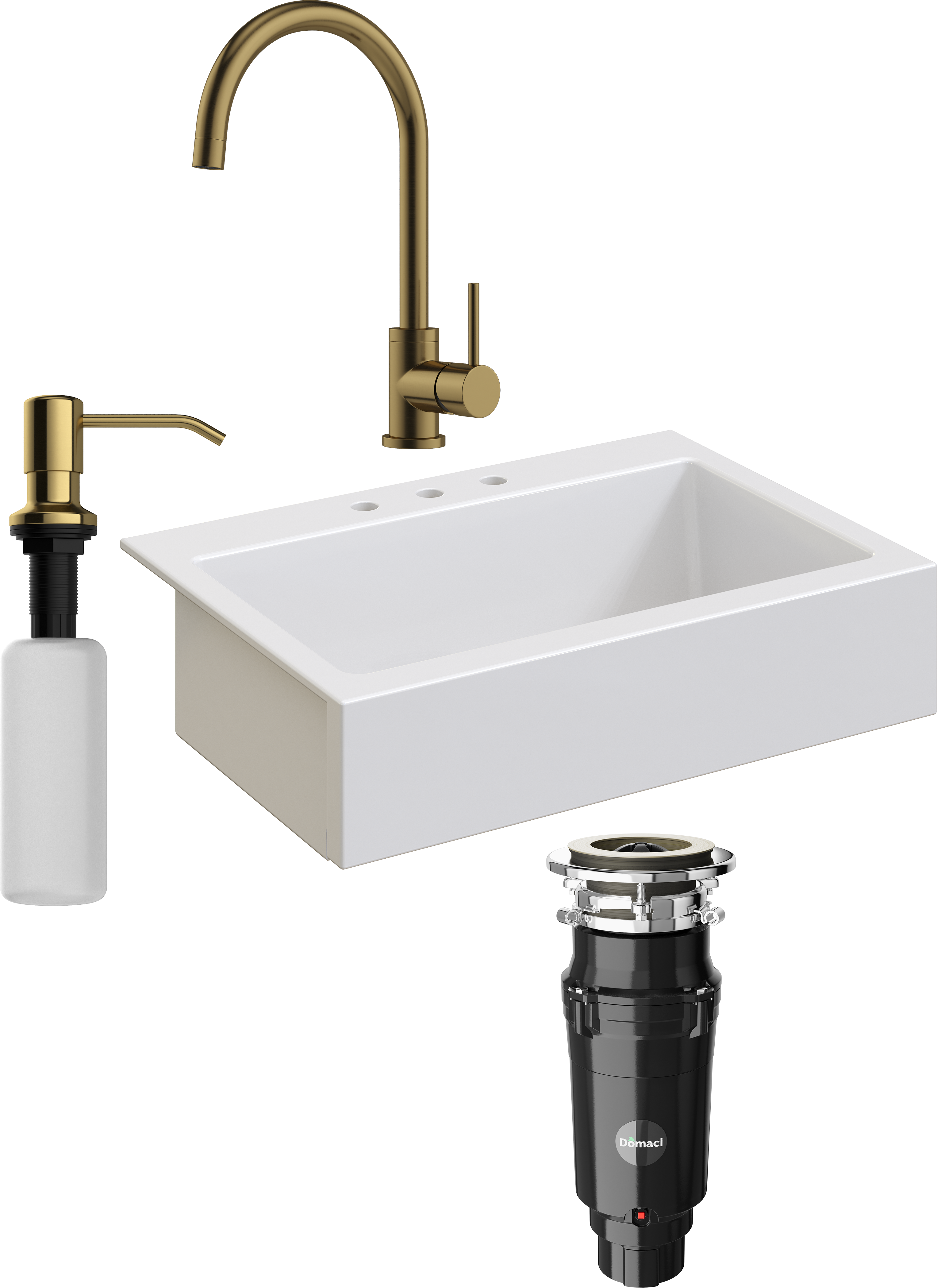 Комплект Мойка кухонная Domaci Сиена 50186-101 с 3 отверстиями, белый глянец + Измельчитель Равенна Vento Max 750 + Смеситель DCB 3004 золото + Дозатор 401 золото