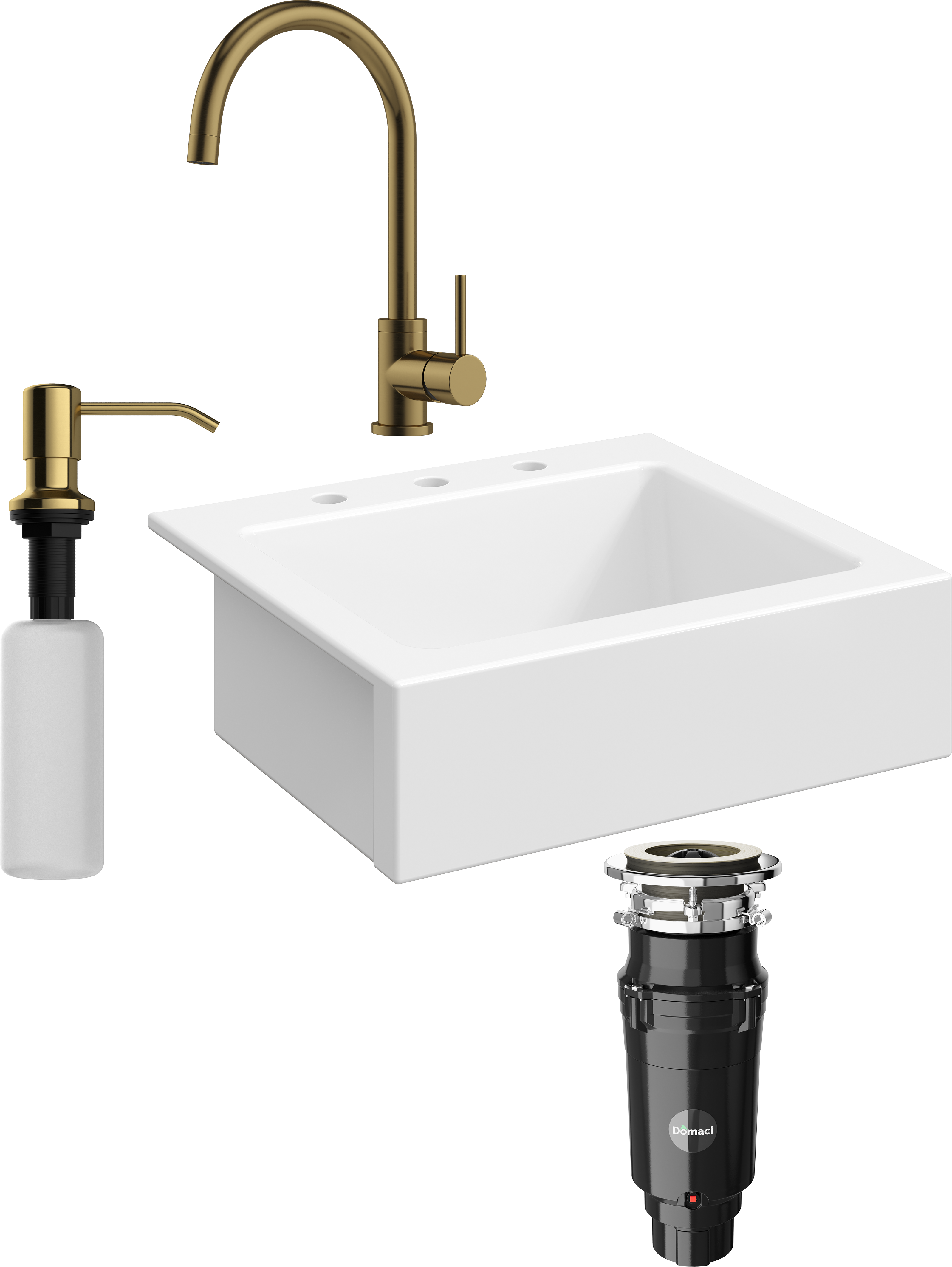 Комплект Мойка Domaci Сиена 50166-101 с 3 отверстиями, белый глянец + Измельчитель Равенна Vento Max 750 + Смеситель DCB 3004 золото + Дозатор 401 золото