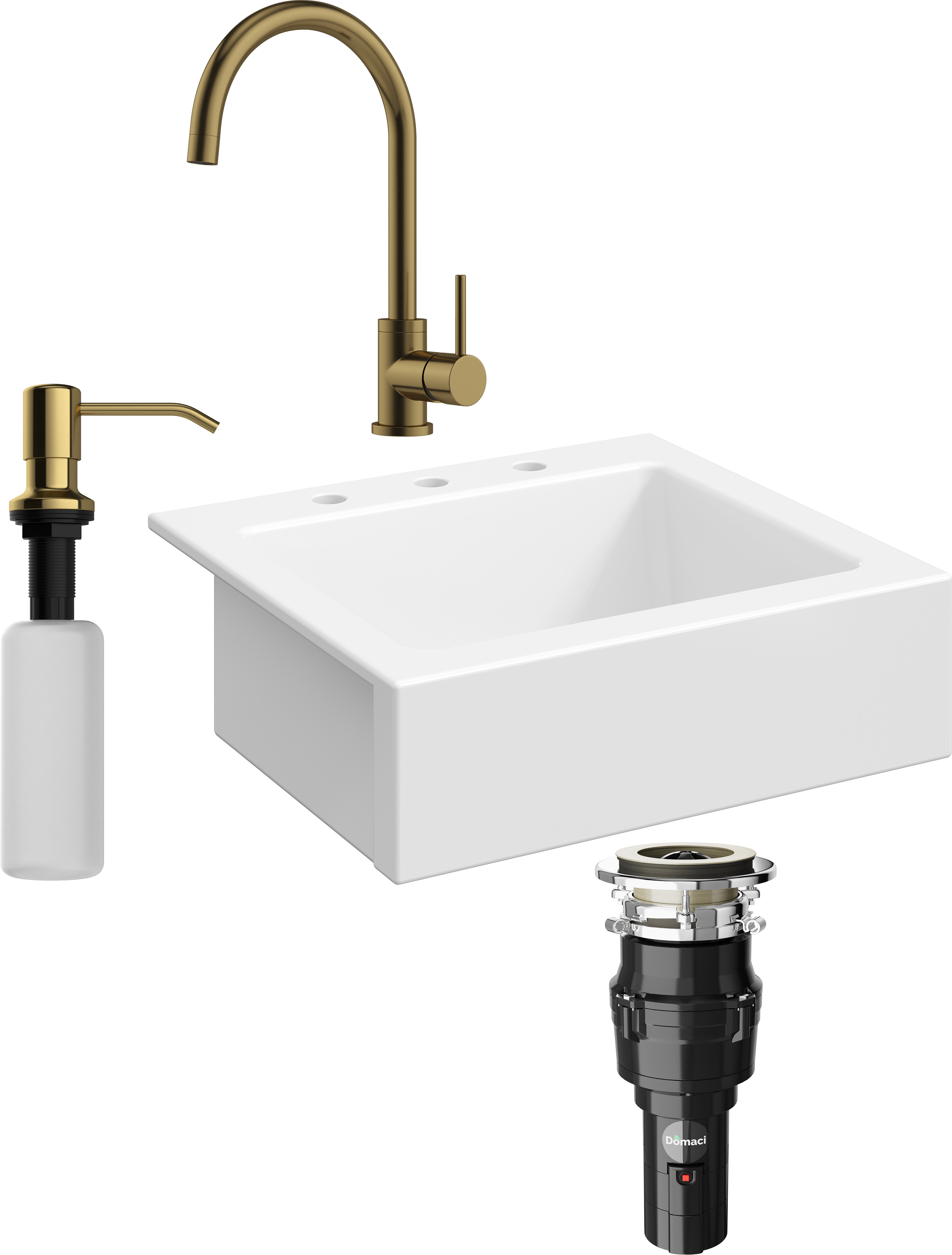 Комплект Мойка Domaci Сиена 50166-101 с 3 отверстиями, белый глянец + Измельчитель Равенна Vento 375 + Смеситель DCB 3004 золото + Дозатор 401 золото