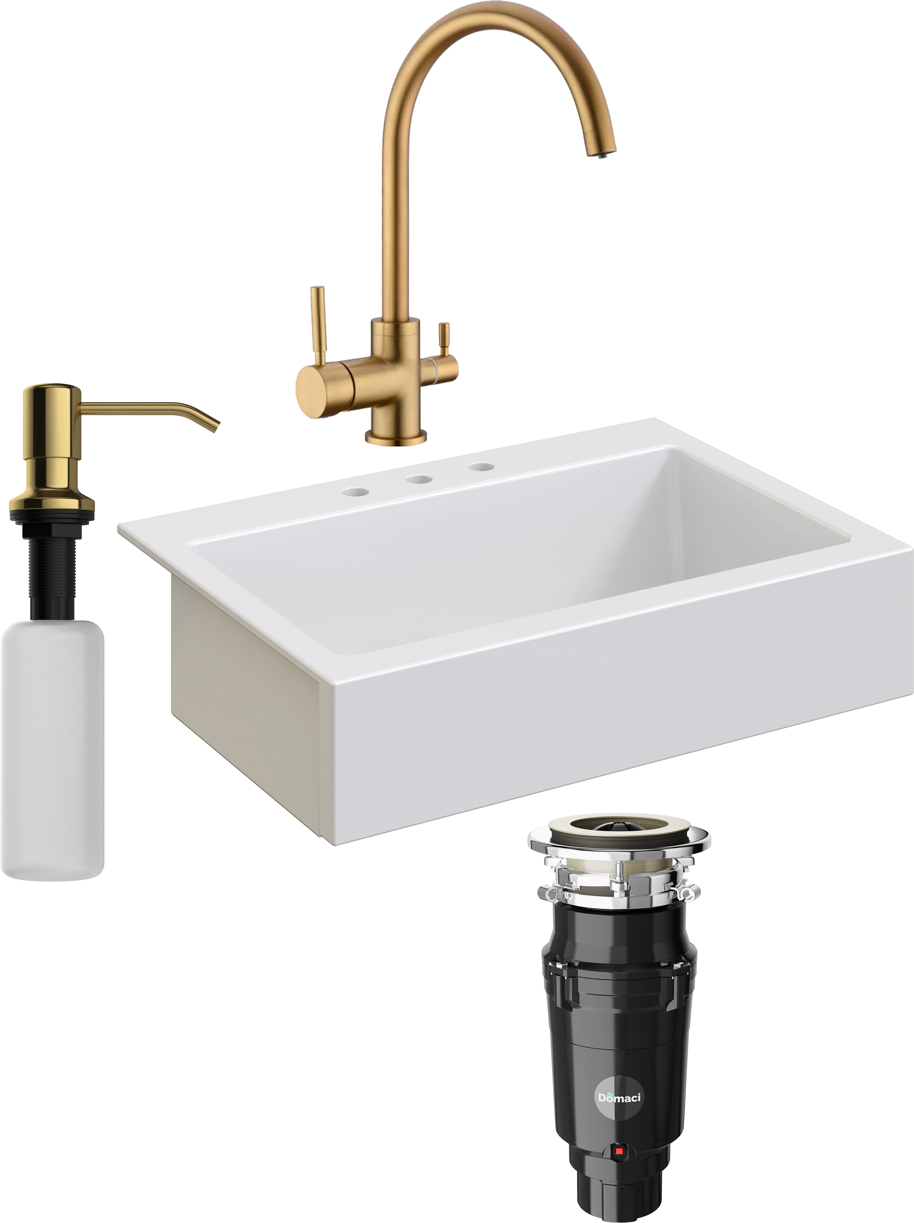 Комплект Мойка кухонная Domaci Сиена 50186-101 с 3 отверстиями, белый глянец + Измельчитель Равенна Vento Plus 560 + Смеситель DCB 3007 золото + Дозатор 401 золото