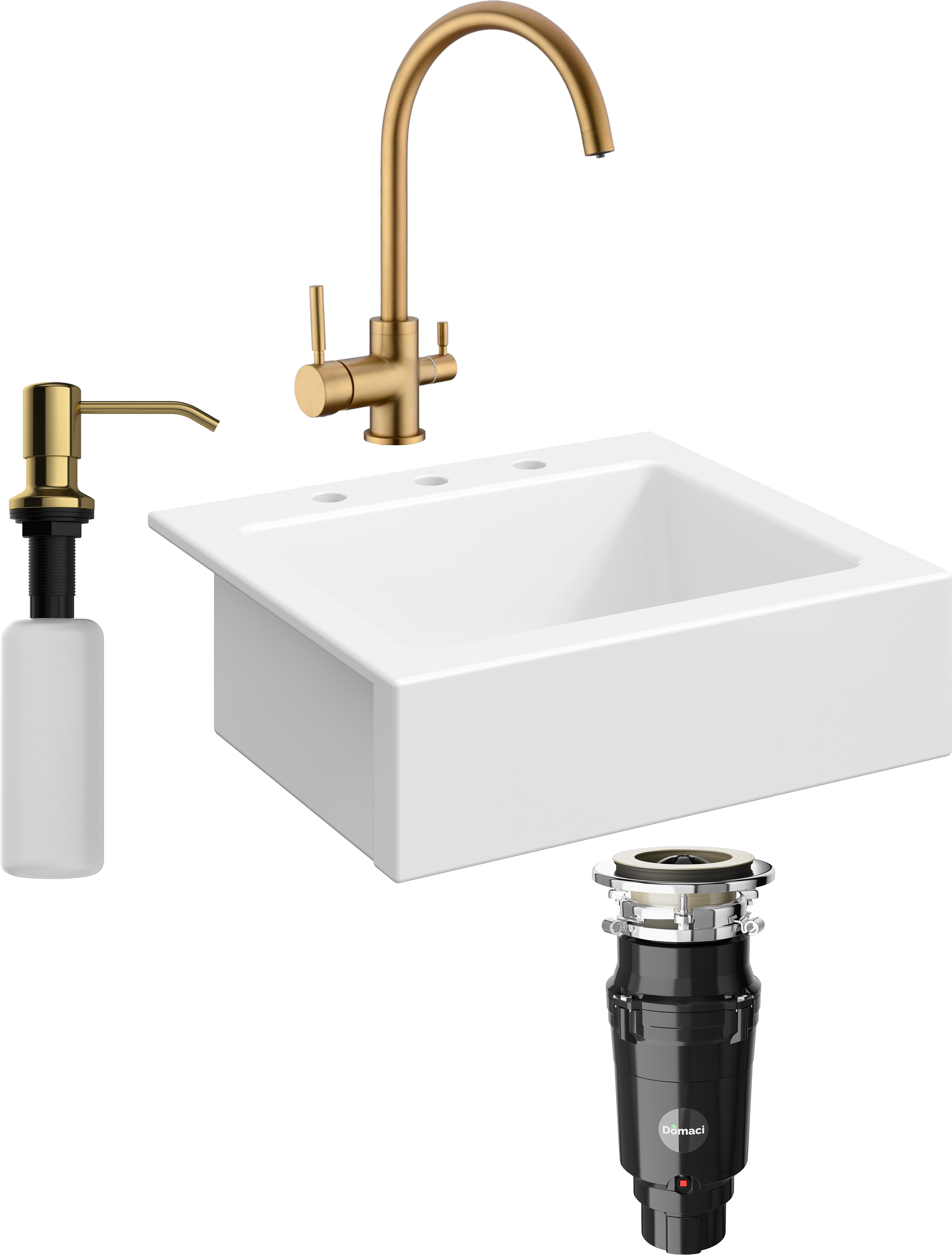 Комплект Мойка кухонная Domaci Сиена 50166-101 с 3 отверстиями, белый глянец + Измельчитель Равенна Vento Plus 560 + Смеситель DCB 3007 золото + Дозатор 401 золото