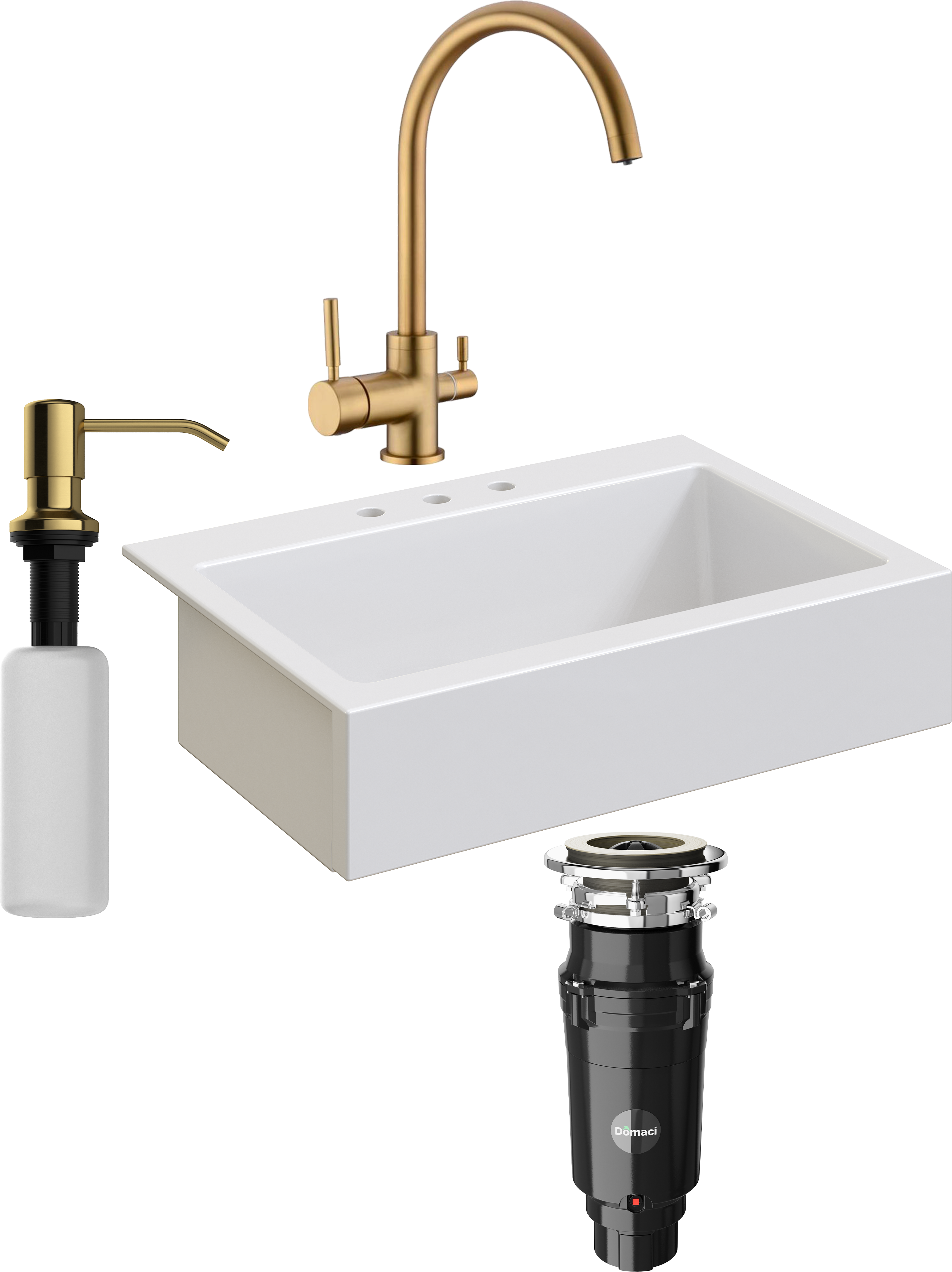 Комплект Мойка кухонная Domaci Сиена 50186-101 с 3 отверстиями, белый глянец + Измельчитель Равенна Vento Max 750 + Смеситель DCB 3007 золото + Дозатор 401 золото