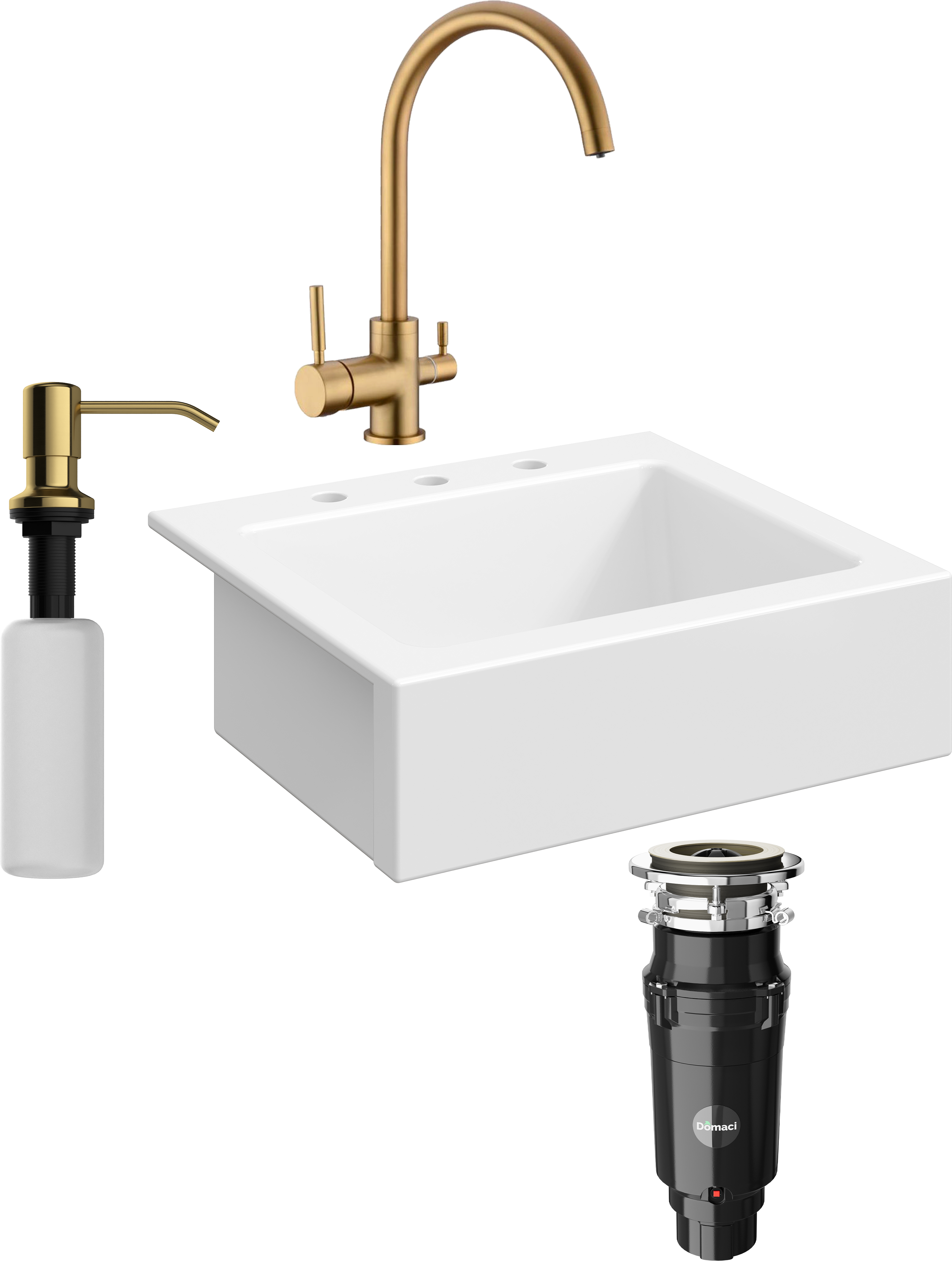 Комплект Мойка Domaci Сиена 50166-101 с 3 отверстиями, белый глянец + Измельчитель Равенна Vento Max 750 + Смеситель DCB 3007 золото + Дозатор 401 золото