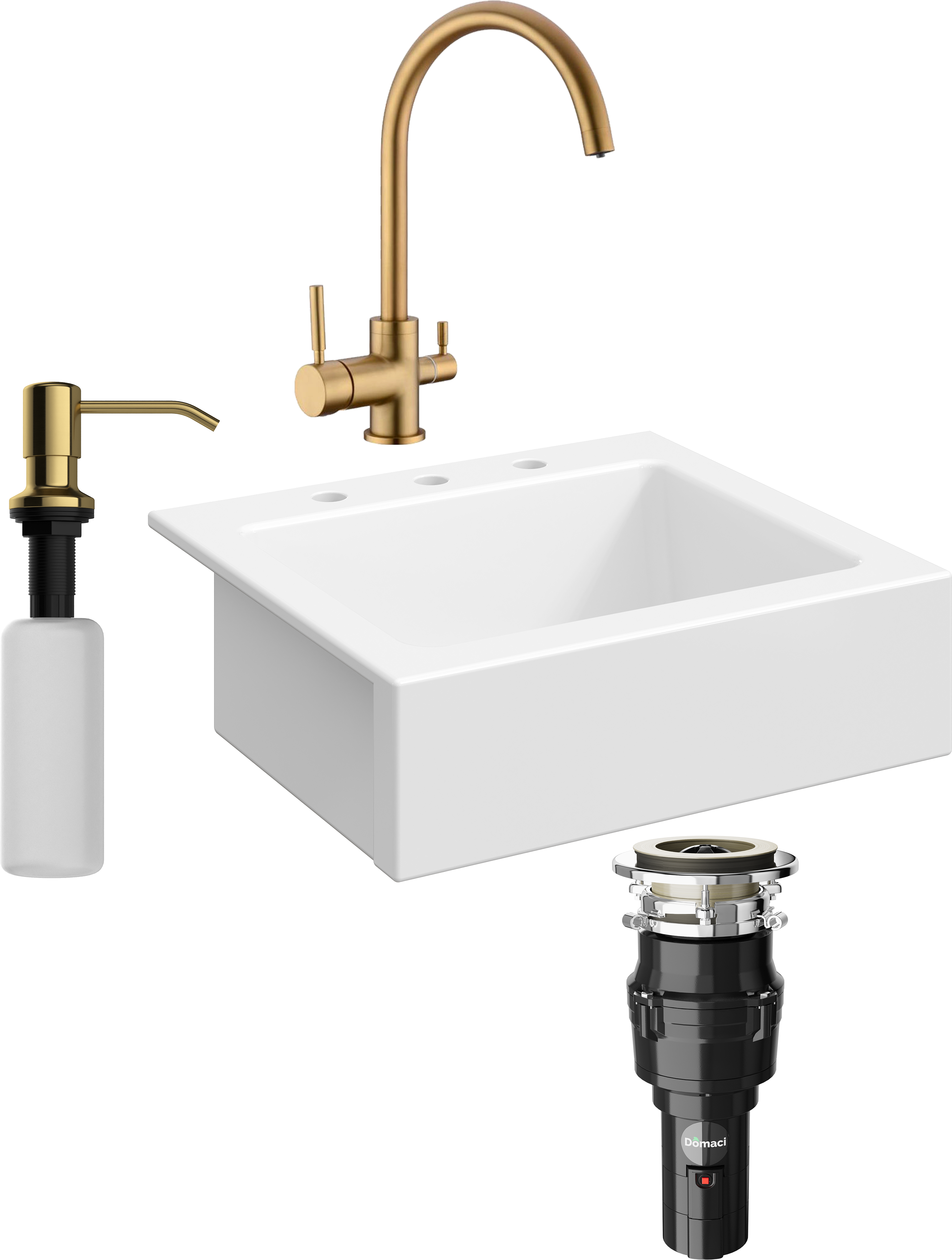 Комплект Мойка Domaci Сиена 50166-101 с 3 отверстиями, белый глянец + Измельчитель Равенна Vento 375 + Смеситель DCB 3007 золото + Дозатор 401 золото