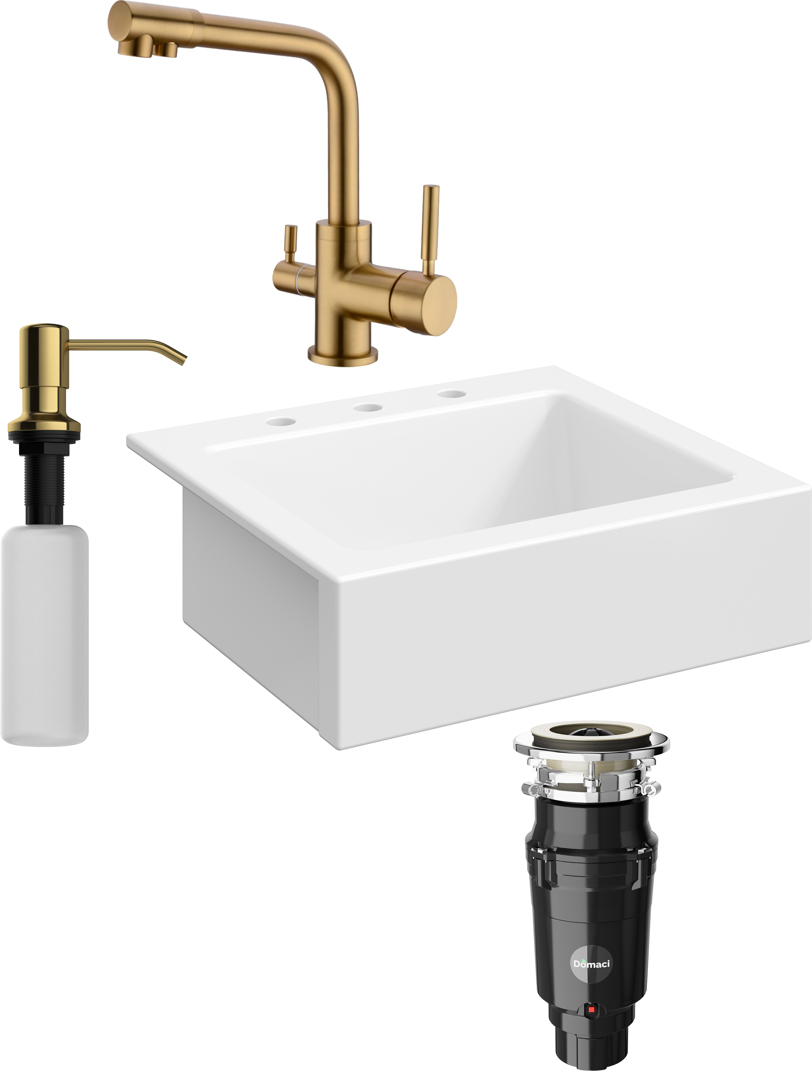 Комплект Мойка кухонная Domaci Сиена 50166-101 с 3 отверстиями, белый глянец + Измельчитель Равенна Vento Plus 560 + Смеситель DCB 3003 золото + Дозатор 401 золото