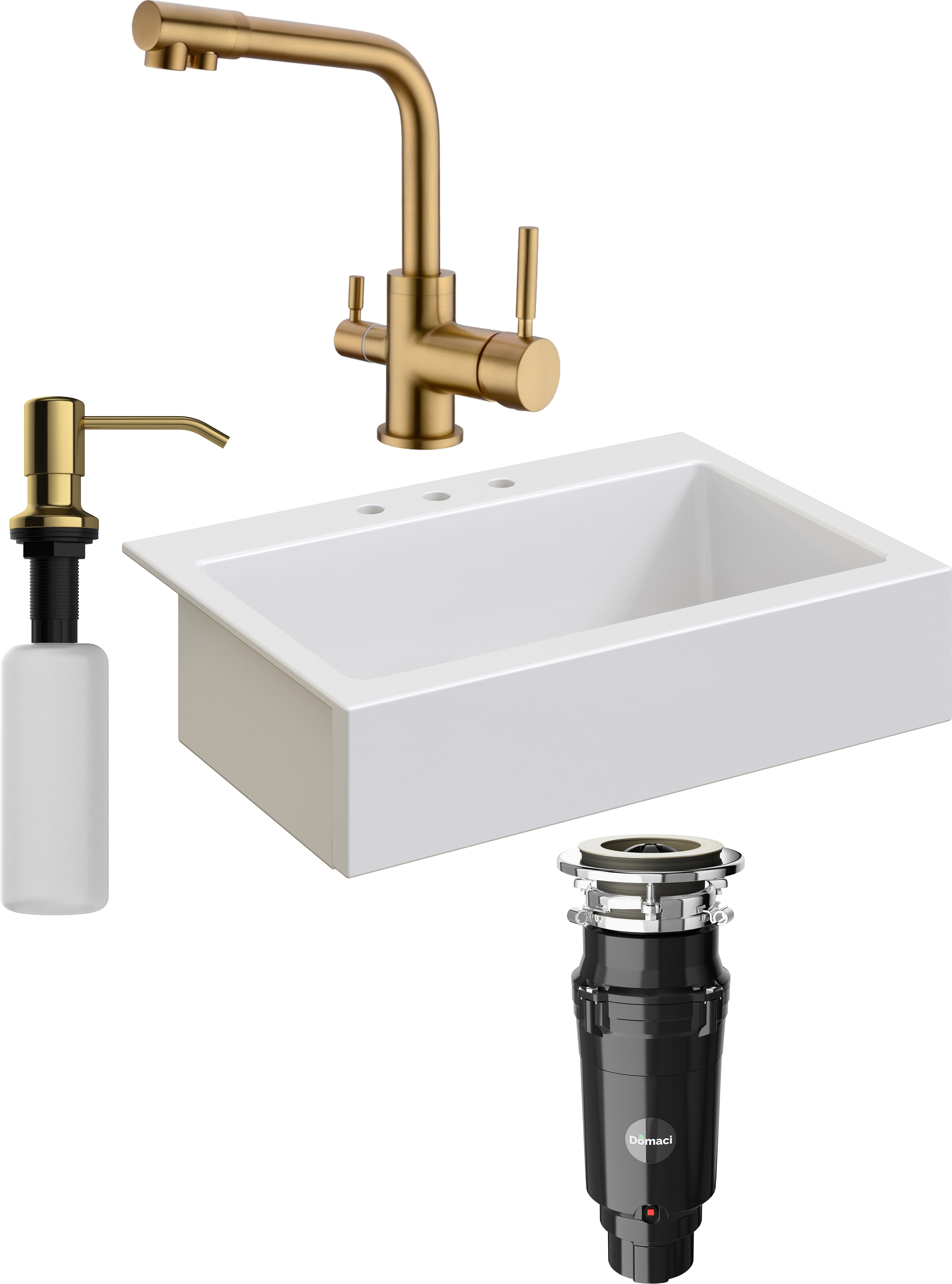 Комплект Мойка кухонная Domaci Сиена 50186-101 с 3 отверстиями, белый глянец + Измельчитель Равенна Vento Max 750 + Смеситель DCB 3003 золото + Дозатор 401 золото