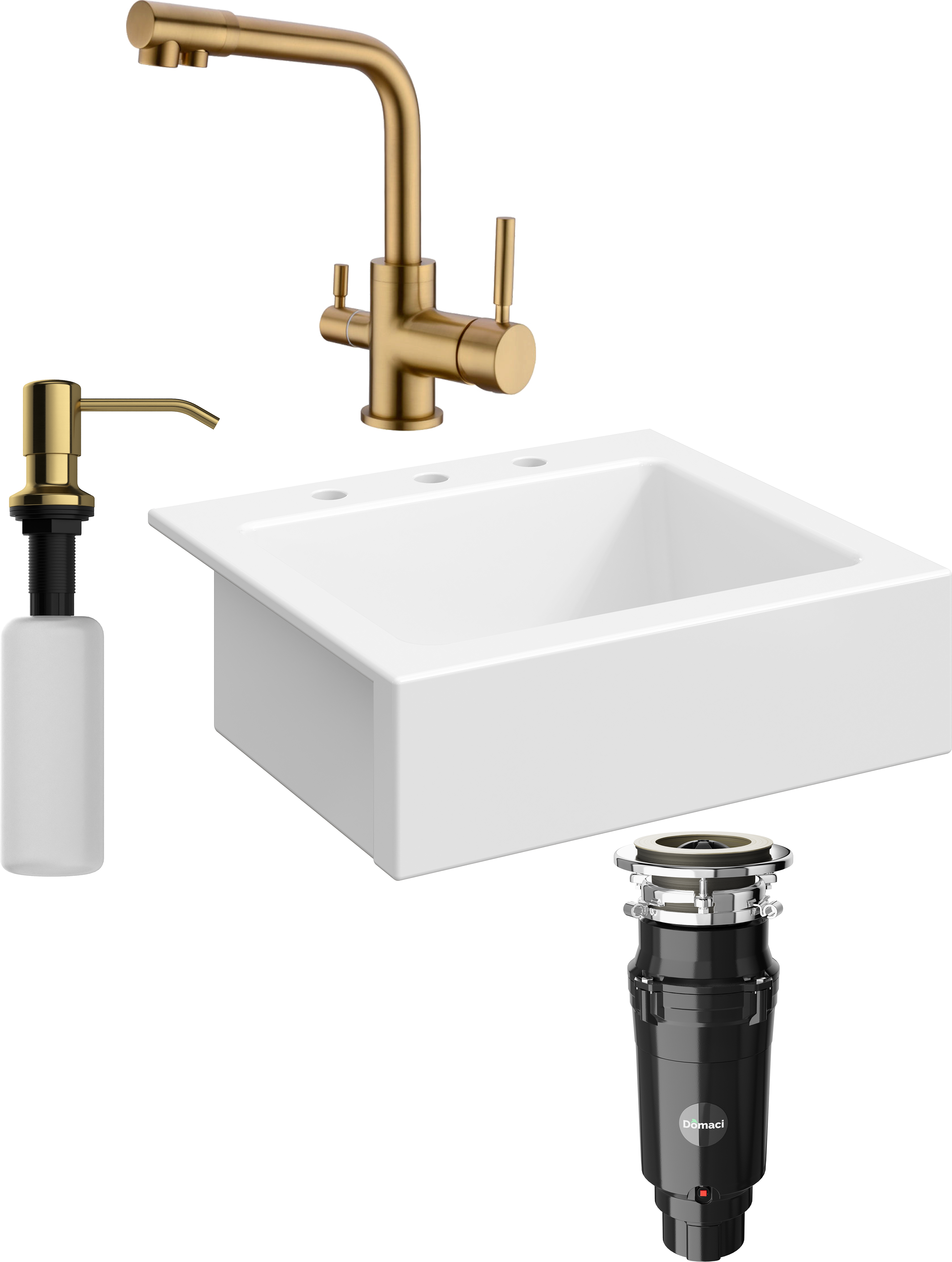 Комплект Мойка Domaci Сиена 50166-101 с 3 отверстиями, белый глянец + Измельчитель Равенна Vento Max 750 + Смеситель DCB 3003 золото + Дозатор 401 золото
