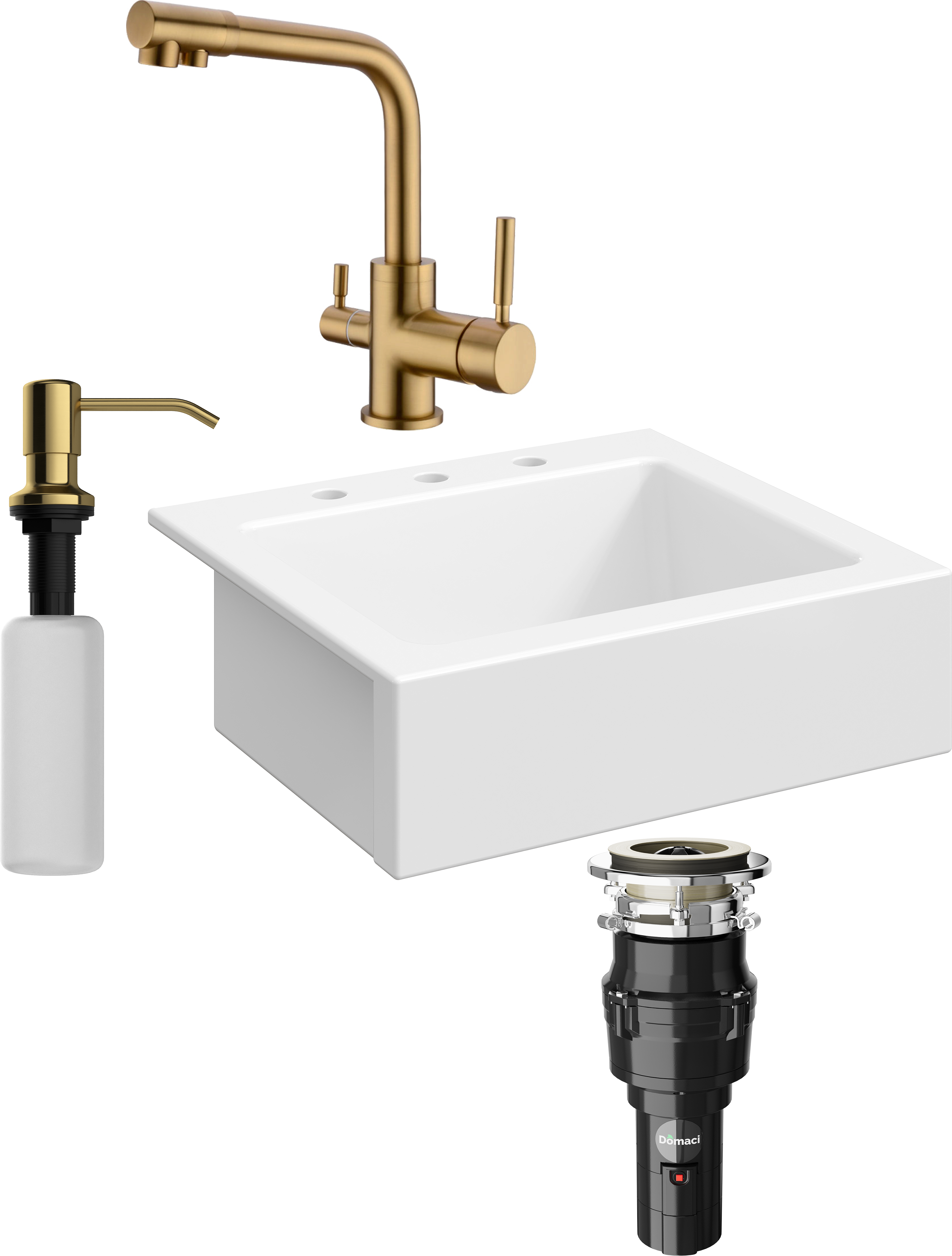 Комплект Мойка Domaci Сиена 50166-101 с 3 отверстиями, белый глянец + Измельчитель Равенна Vento 375 + Смеситель DCB 3003 золото + Дозатор 401 золото