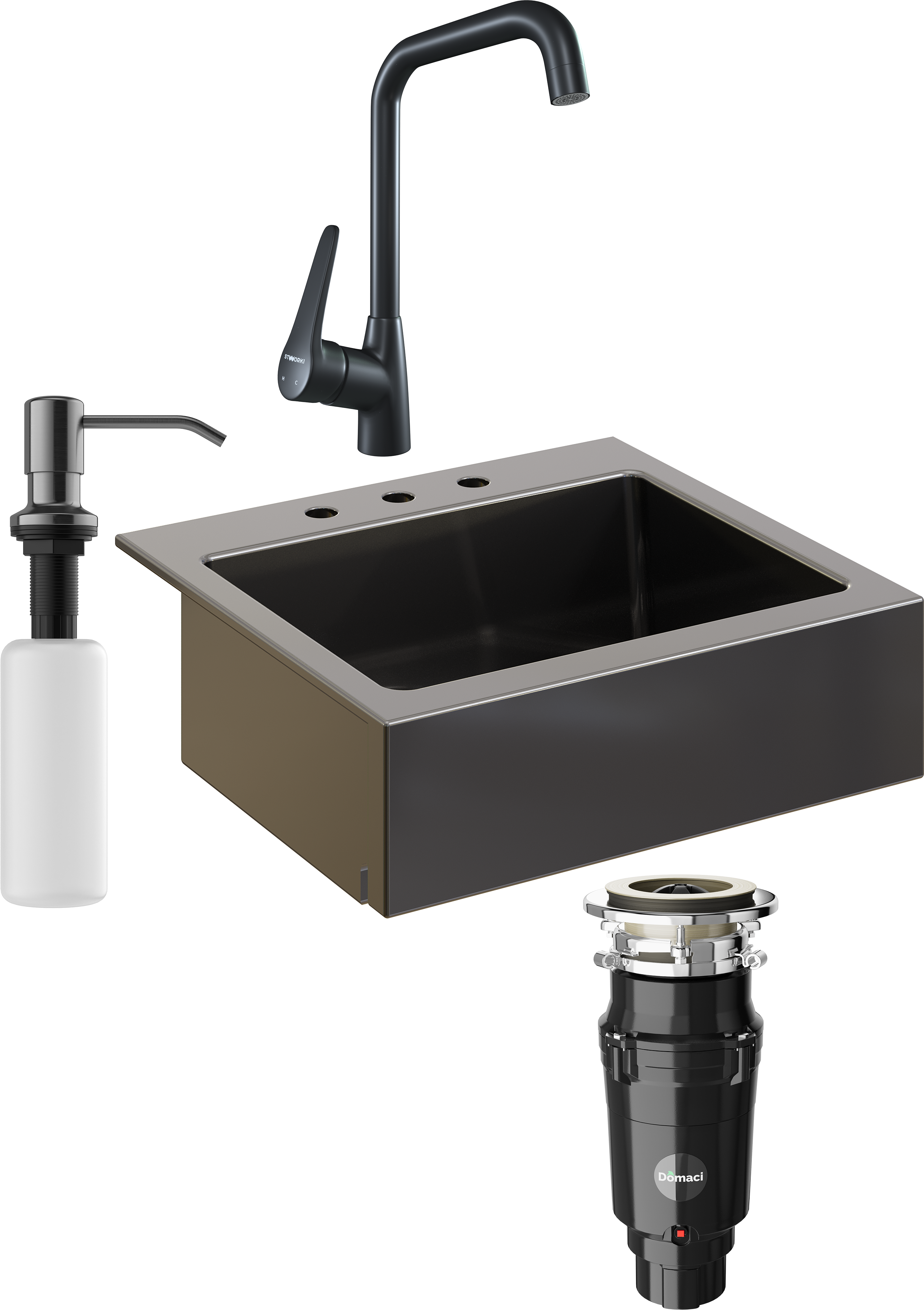 Комплект Мойка кухонная Domaci Сиена 50166-110 с 3 отверстиями, черная матовая + Измельчитель Равенна Vento Plus 560 + Смеситель STWORKI WFD04007GA черный матовый + Дозатор 401 черный