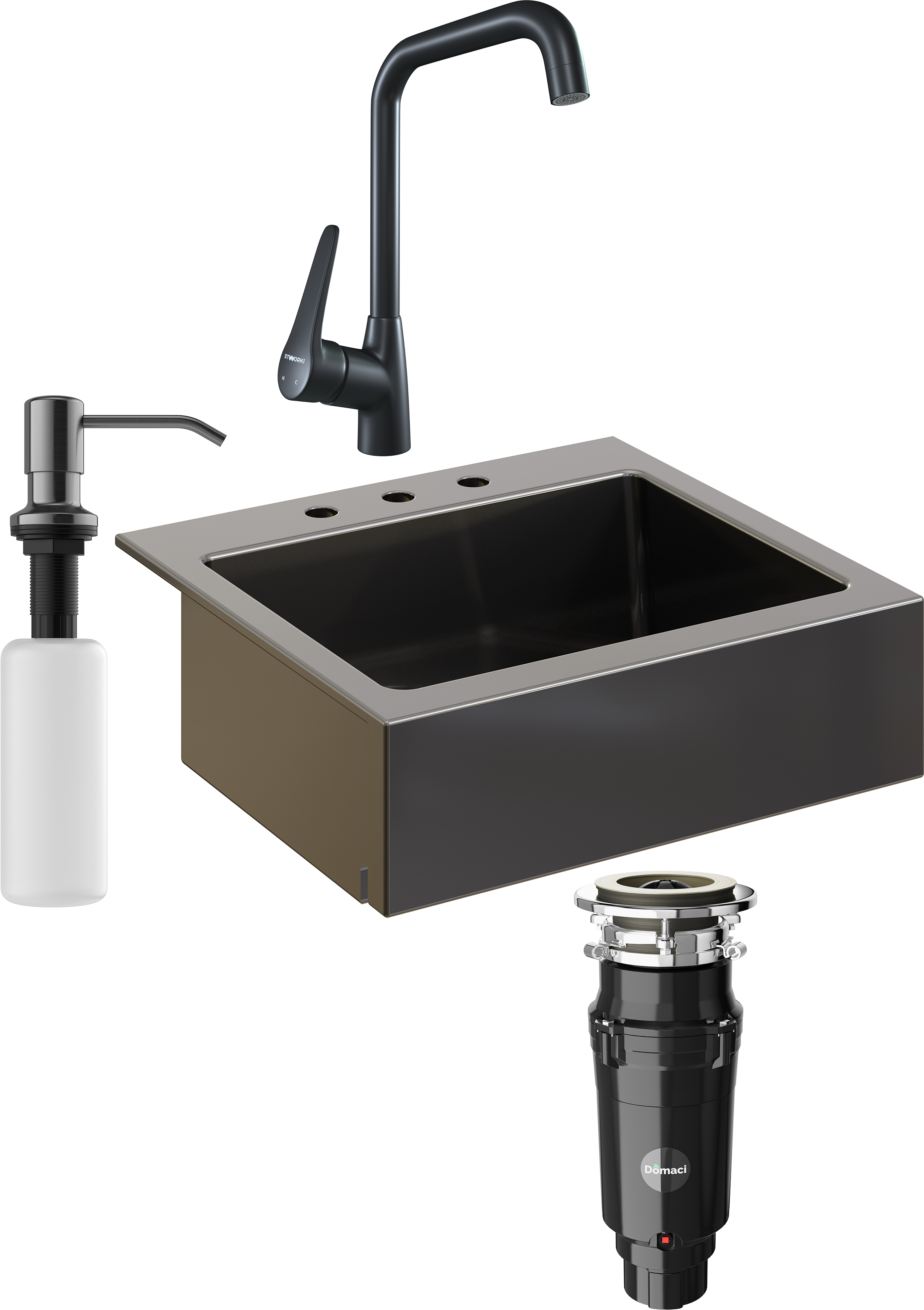 Комплект Мойка кухонная Domaci Сиена 50166-110 с 3 отверстиями, черная матовая + Измельчитель Равенна Vento Max 750 + Смеситель STWORKI WFD04007GA черный матовый + Дозатор 401 черный